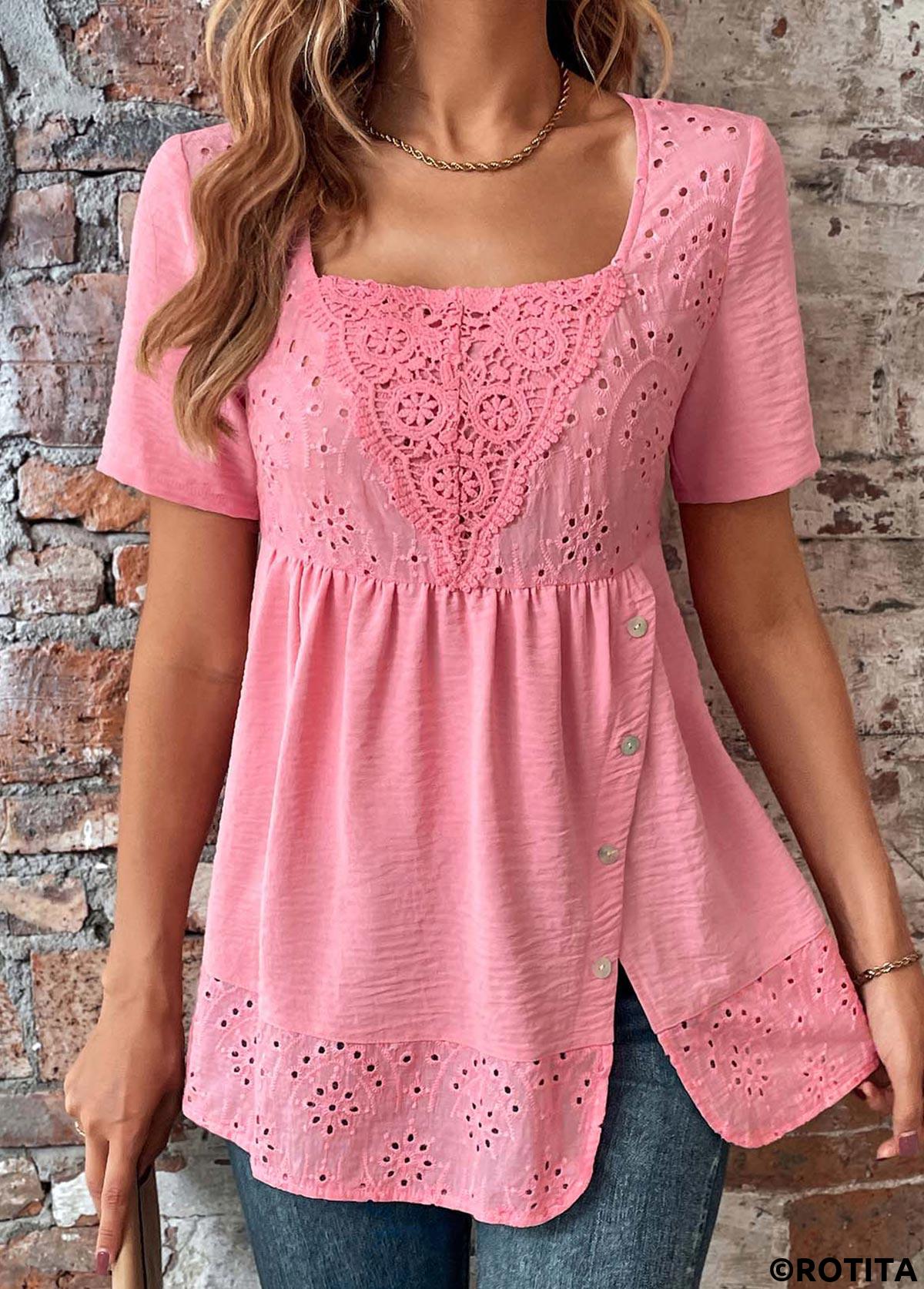 Pink tops,Plain Color tops,ROTITA Button Pink Square Neck Short Sleeve Blouse
