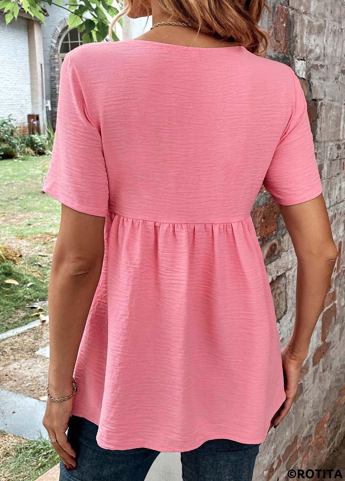 Pink tops,Plain Color tops,ROTITA Button Pink Square Neck Short Sleeve Blouse