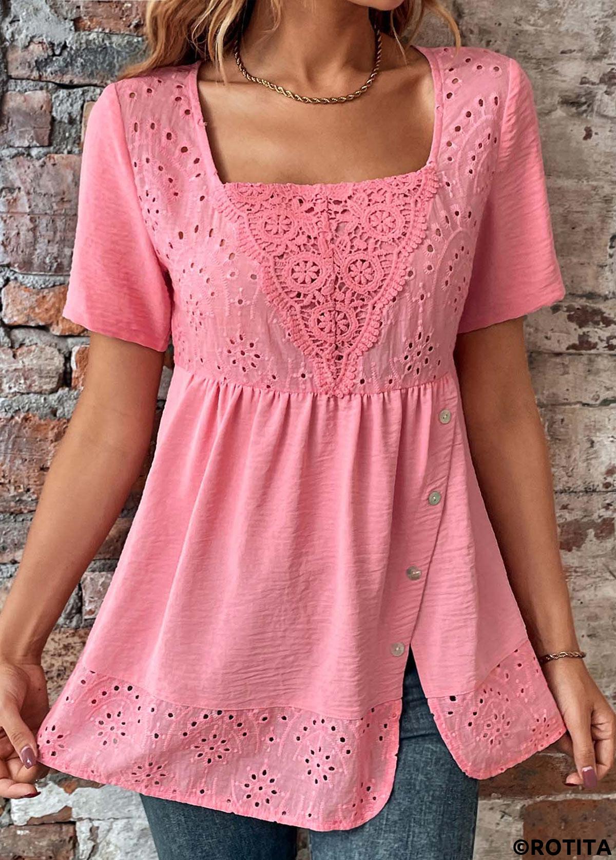 Pink tops,Plain Color tops,ROTITA Button Pink Square Neck Short Sleeve Blouse