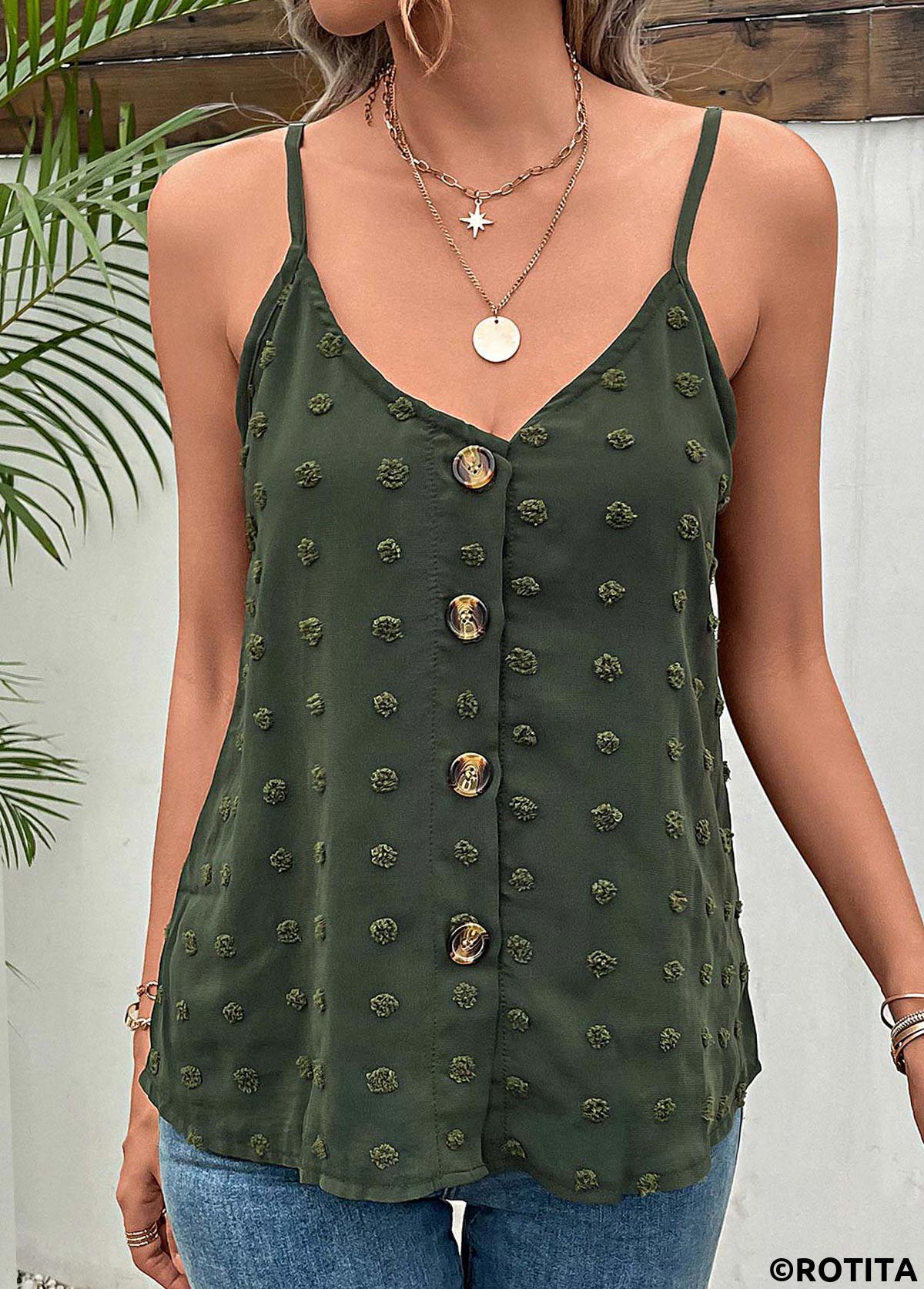 Green tops,Plain Color tops,Button Green V Neck Strappy Camisole Top