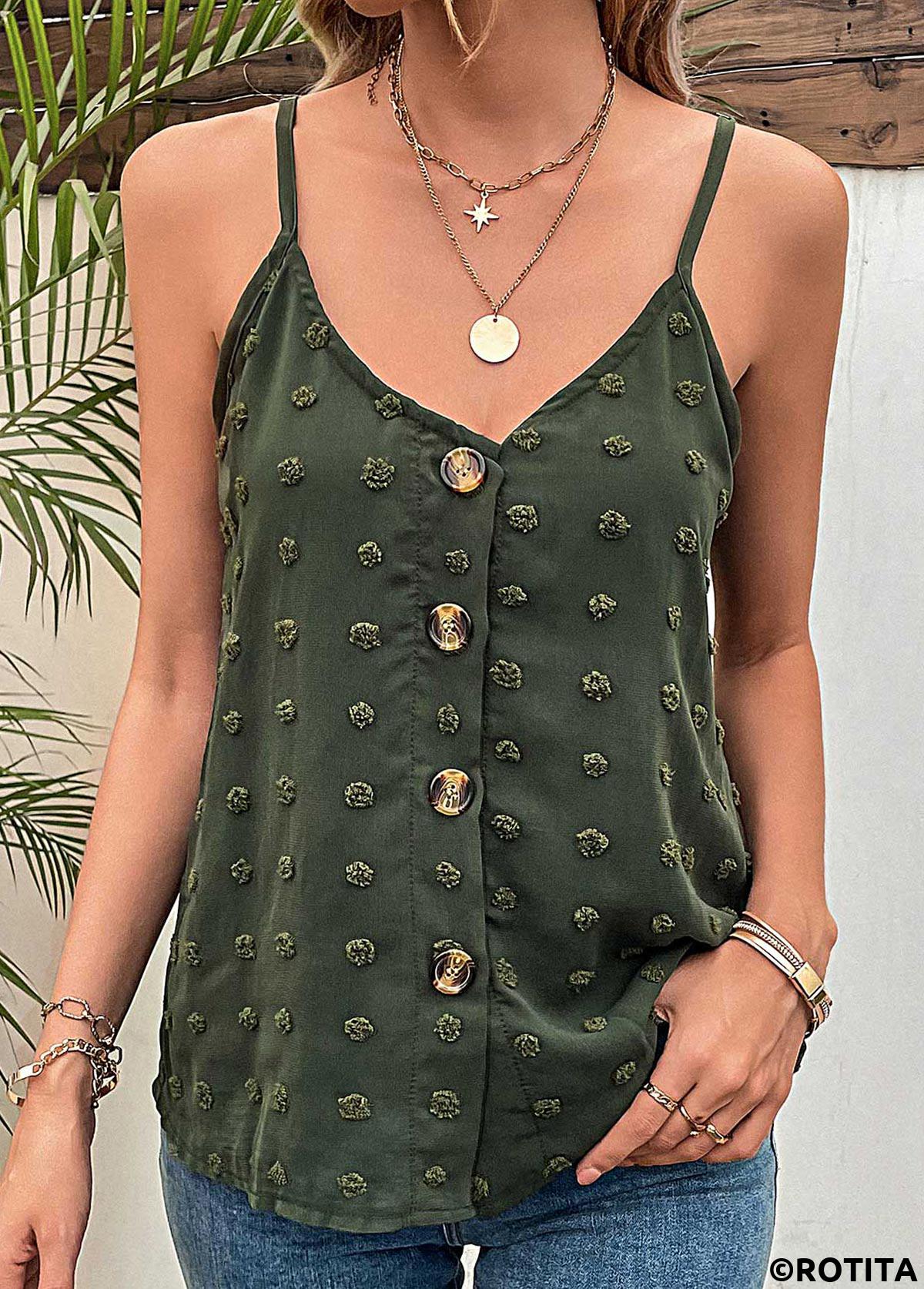 Green tops,Plain Color tops,Button Green V Neck Strappy Camisole Top