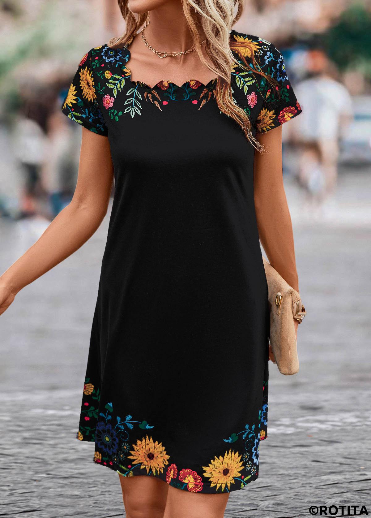 Patchwork Floral Print Black Shift Dress