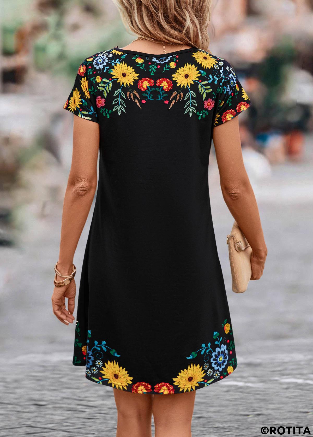 Patchwork Floral Print Black Shift Dress