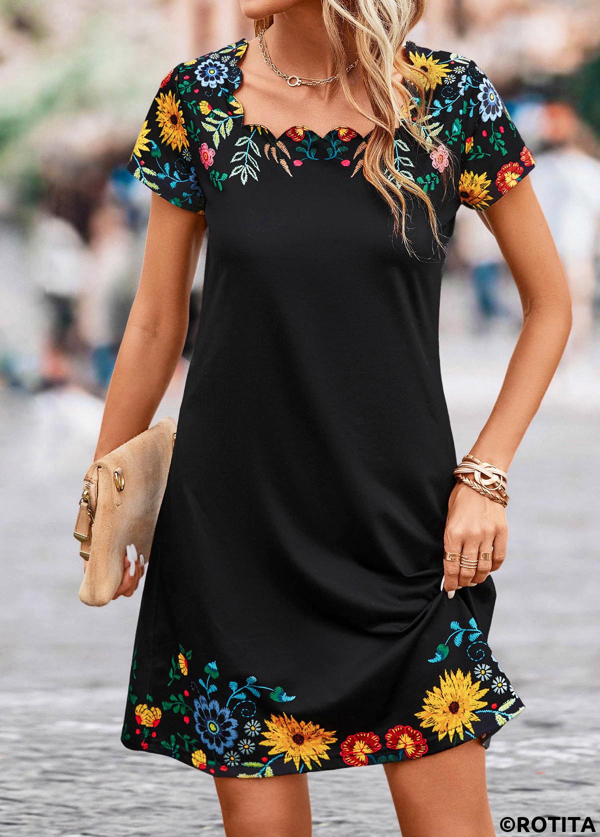 Patchwork Floral Print Black Shift Dress