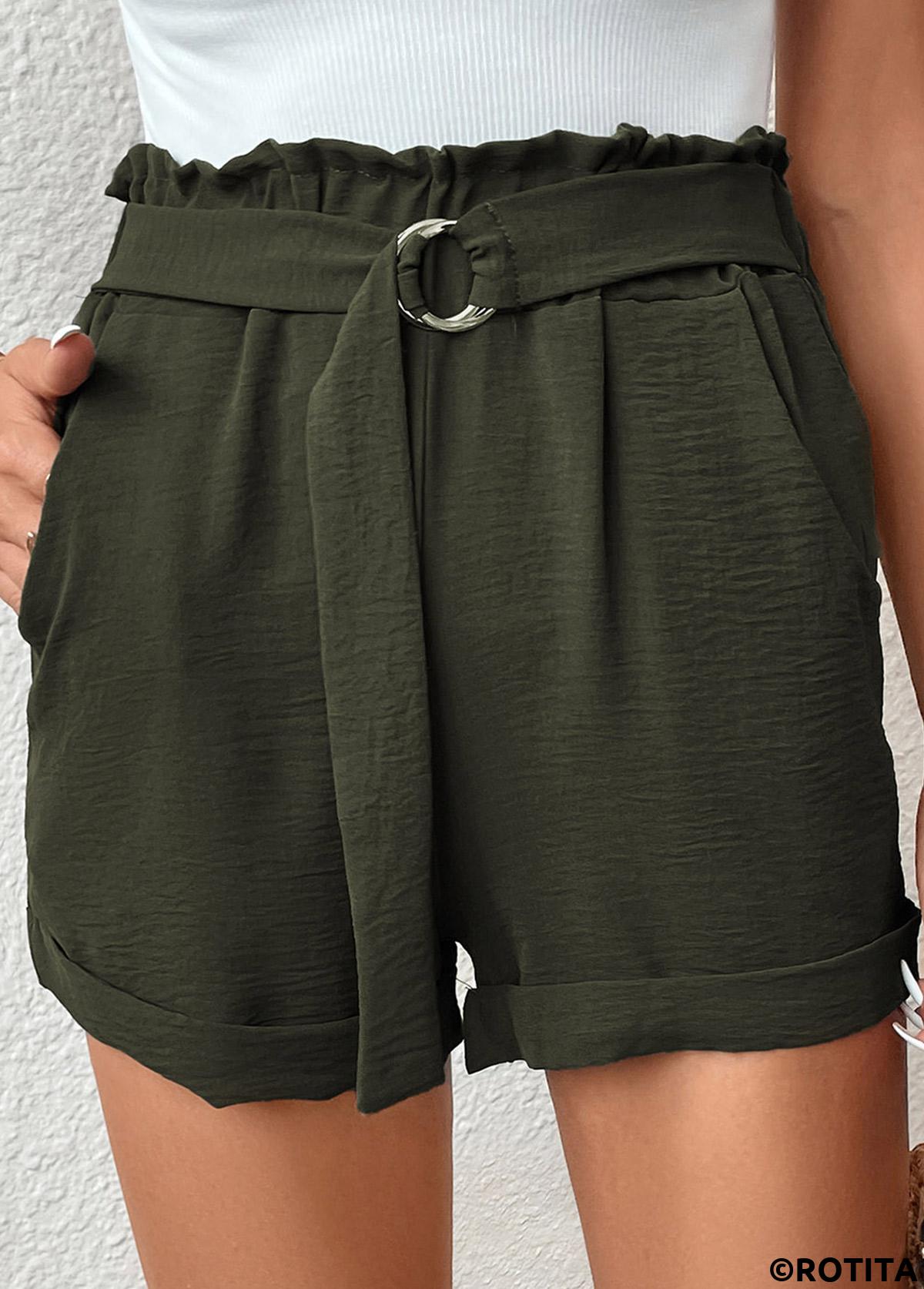 Green bottoms,Plain Color bottoms,Pocket Green Belted Regular Elastic Waist Shorts