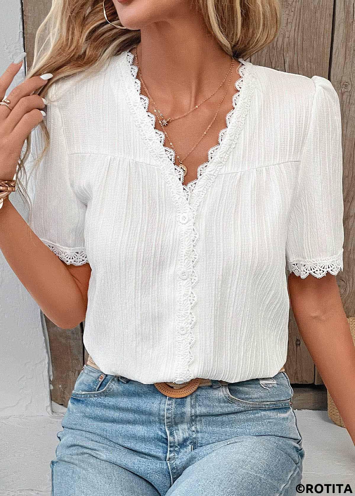 White tops,Plain Color tops,Patchwork White V Neck Short Sleeve Blouse
