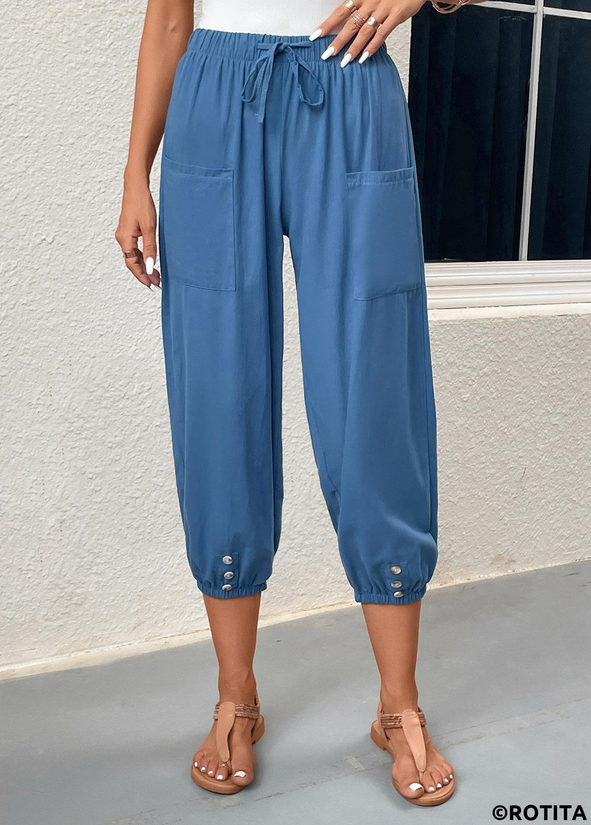 Pocket Blue Elastic Waist High Waisted Pants