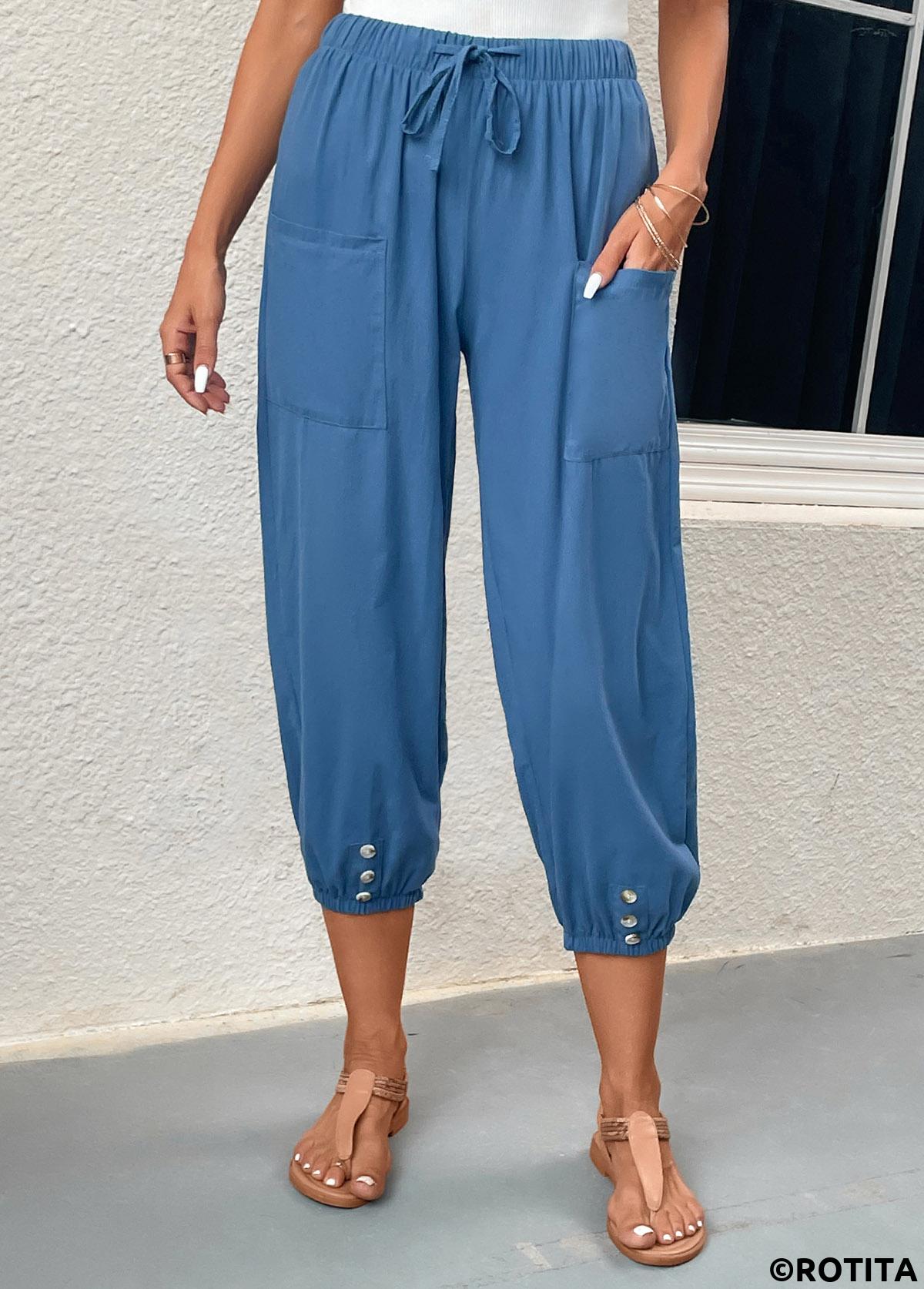 Pocket Blue Elastic Waist High Waisted Pants