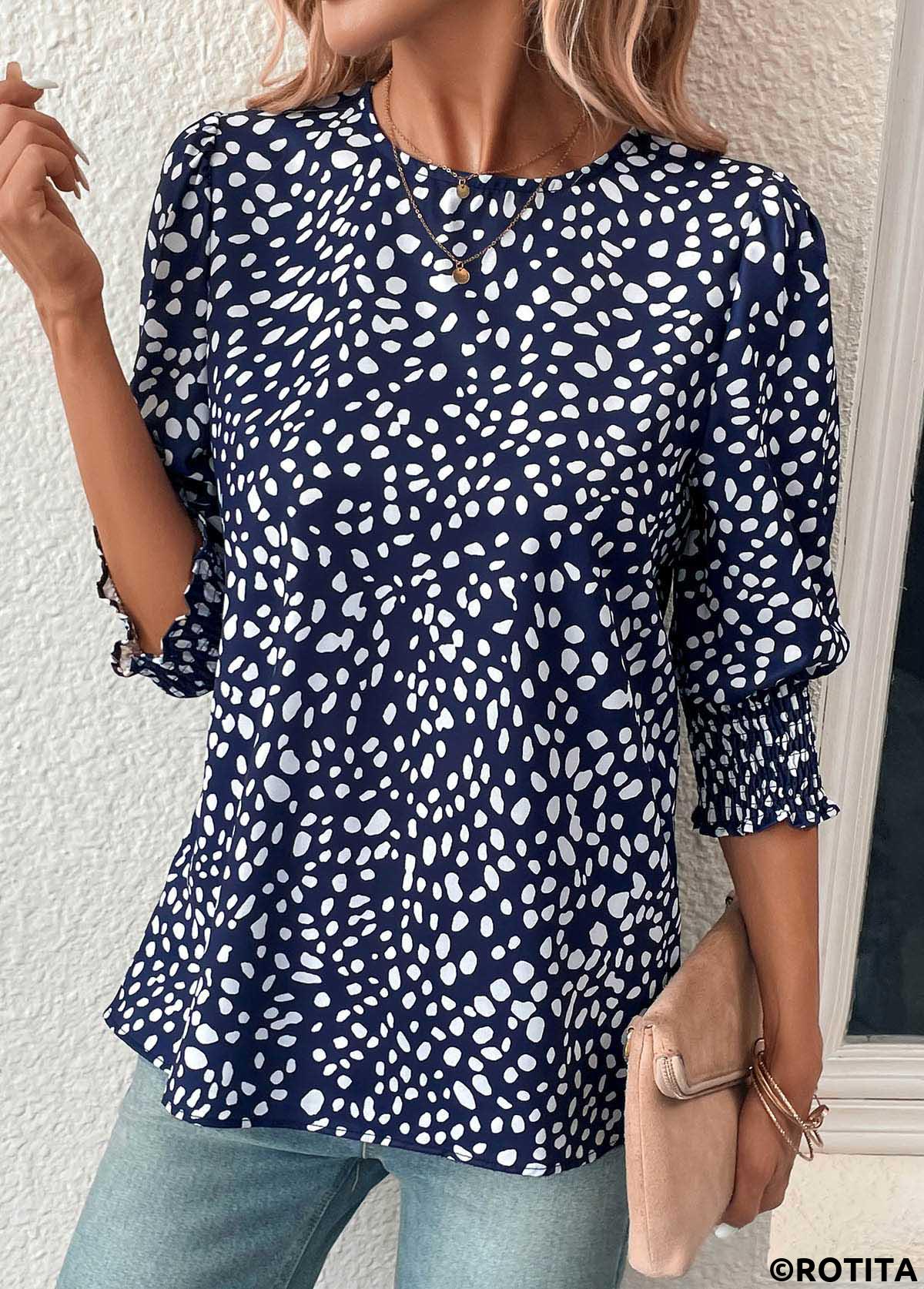 Navy tops,White tops,Dot tops,Button Polka Dot Navy Round Neck Blouse