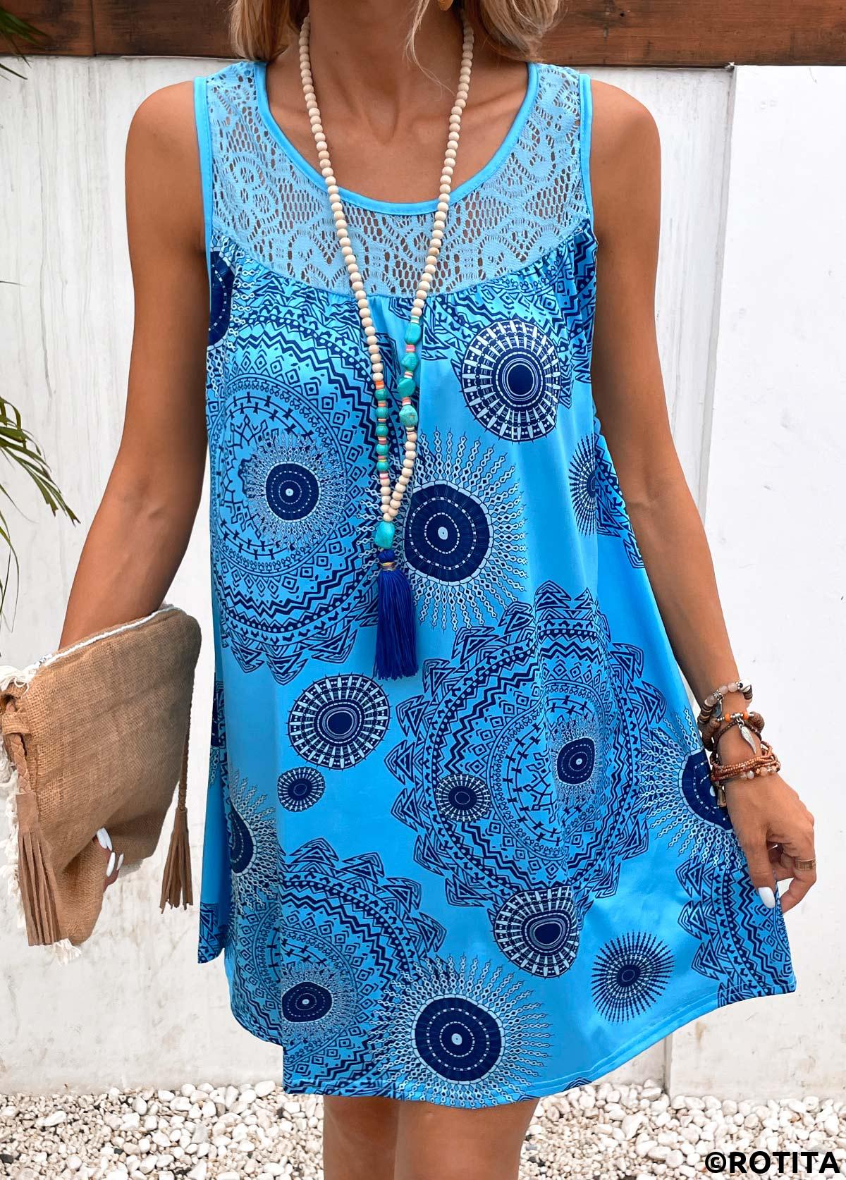Sky Blue dresses,Dark Blue dresses,Tribal dresses,Everyday dresses,Casual dresses,Patchwork Tribal Print Sky Blue Shift Dress