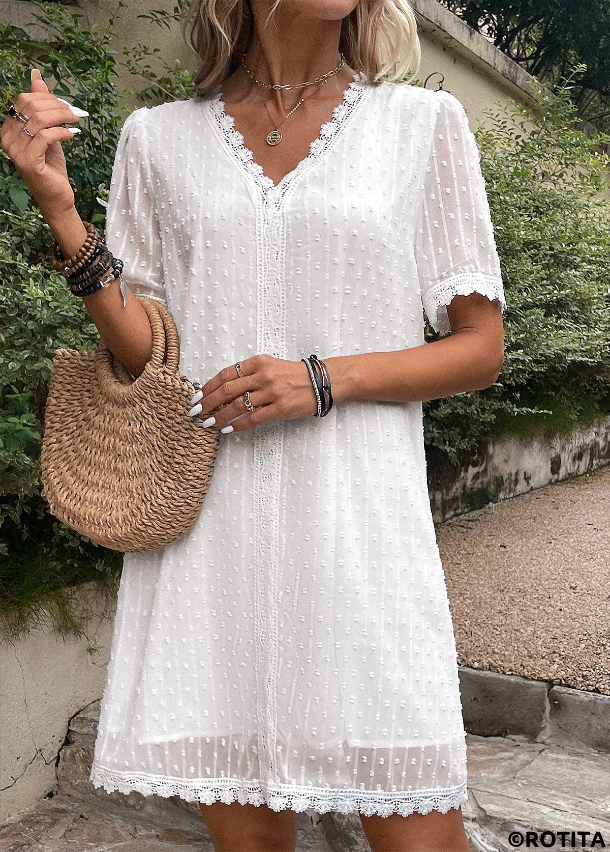 White dresses,Plain Color dresses,Vacation dresses,Vacation dresses,Patchwork White V Neck Shift Dress