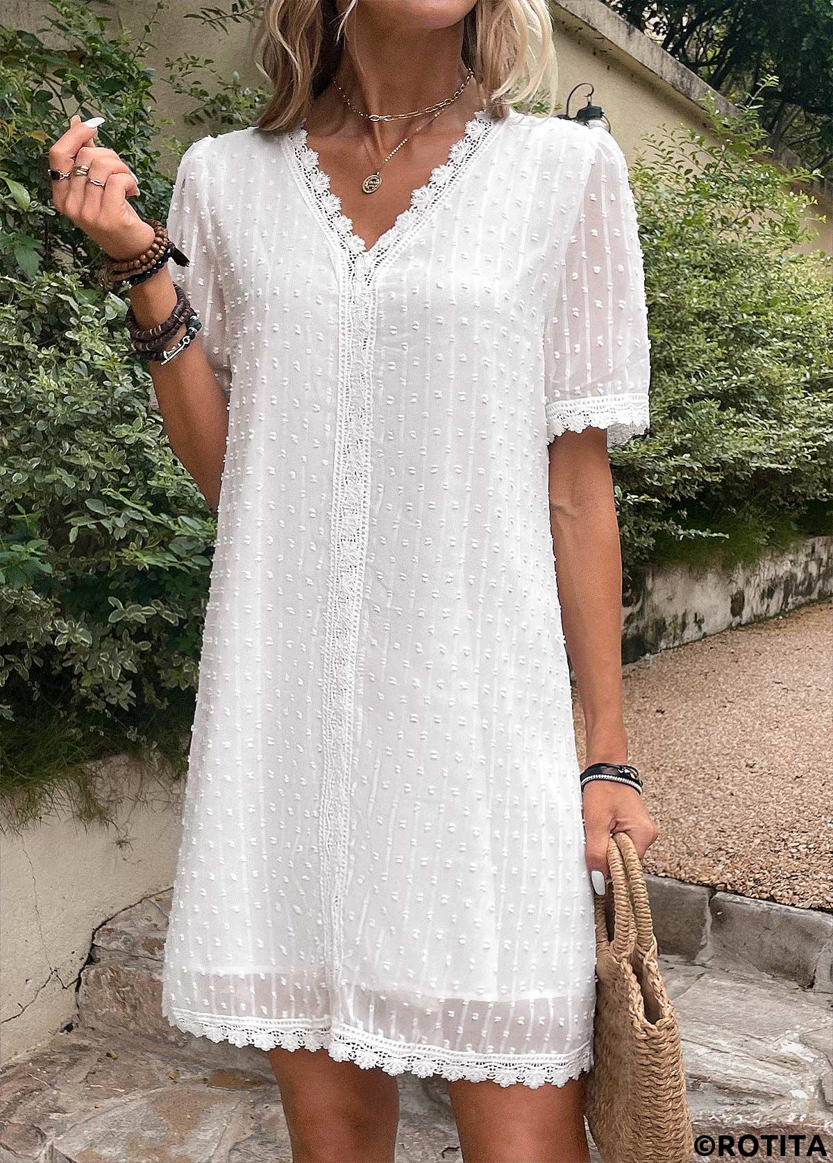White dresses,Plain Color dresses,Vacation dresses,Vacation dresses,Patchwork White V Neck Shift Dress