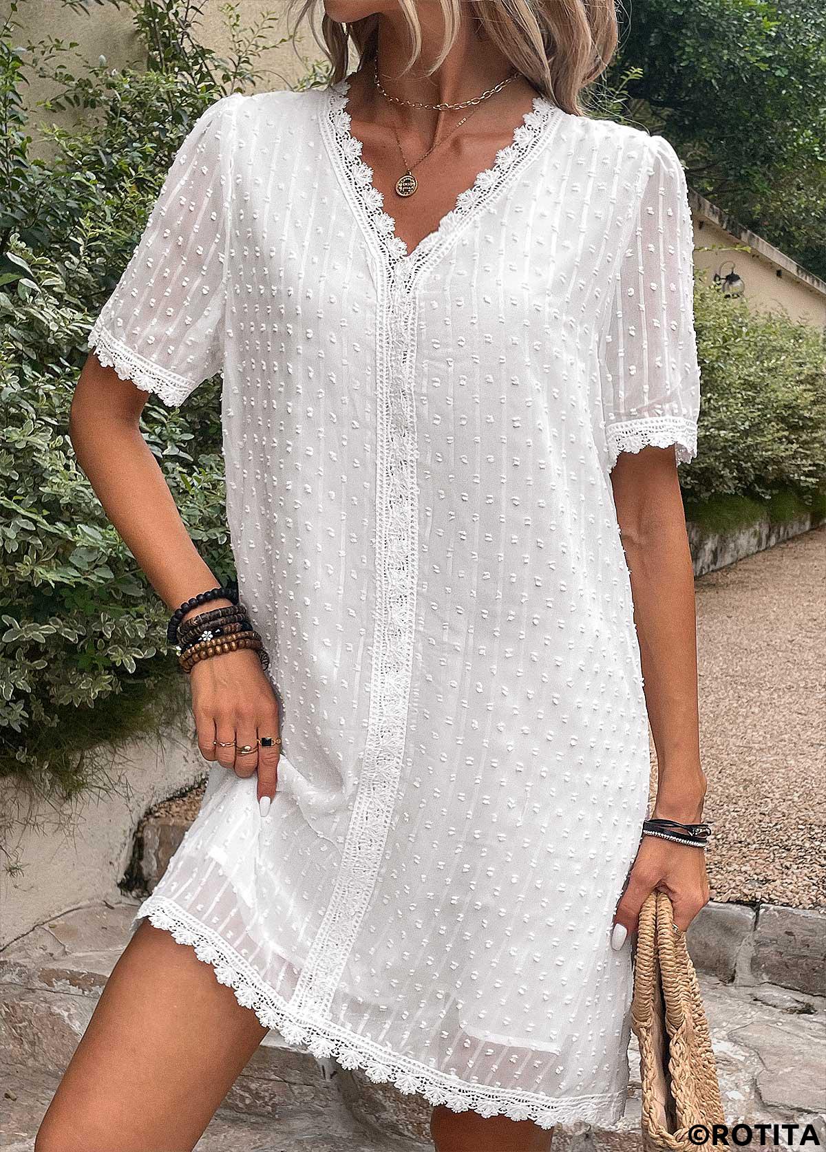 White dresses,Plain Color dresses,Vacation dresses,Vacation dresses,Patchwork White V Neck Shift Dress