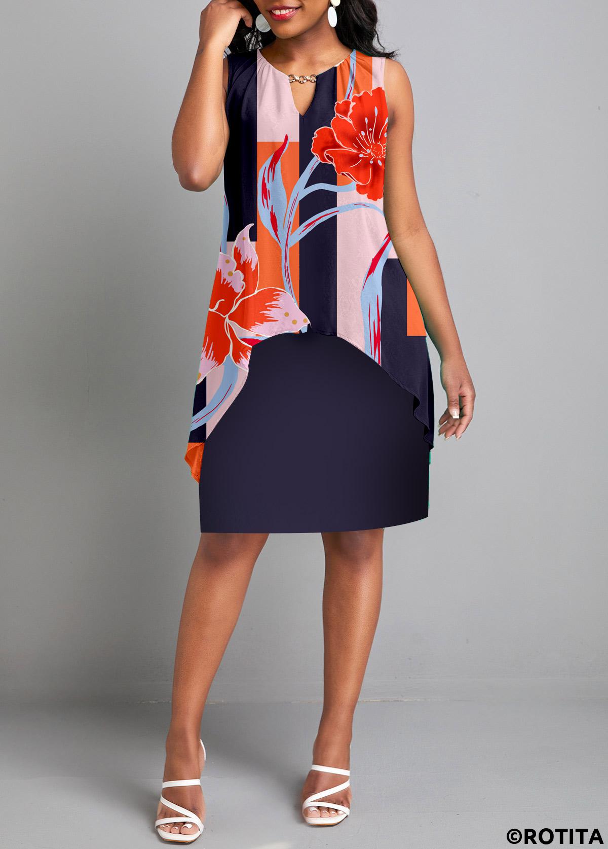 Multi Color dresses,Floral dresses,Plants dresses,Everyday dresses,Casual dresses,ROTITA Fake 2in1 Floral Print Multi Color Dress