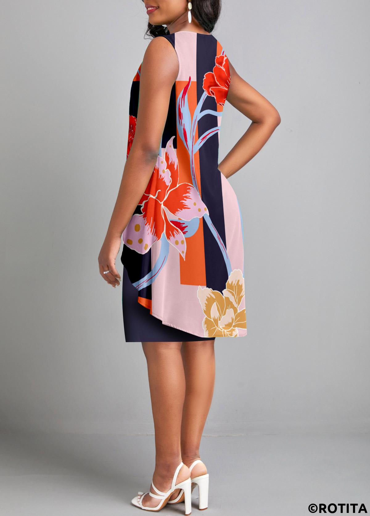 Multi Color dresses,Floral dresses,Plants dresses,Everyday dresses,Casual dresses,ROTITA Fake 2in1 Floral Print Multi Color Dress