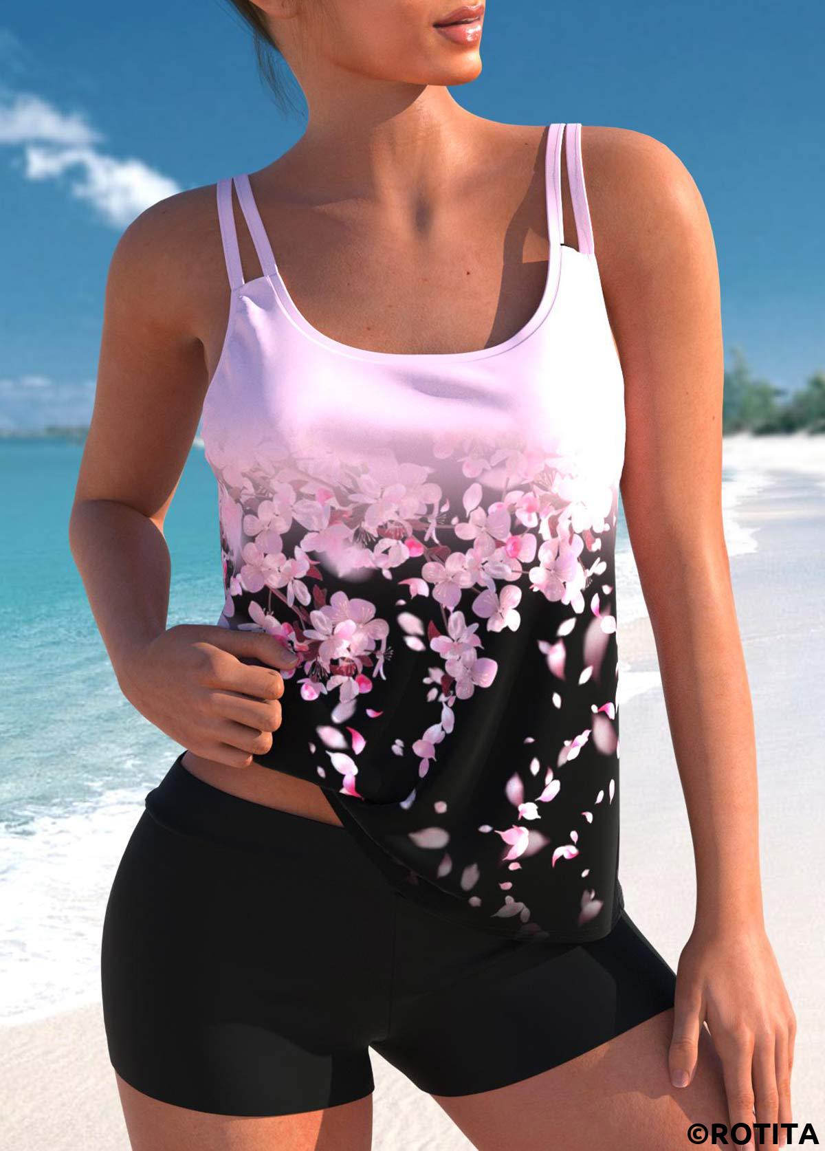 Pink swimwear,Black swimwear,Floral swimwear,Ombre swimwear,ROTITA Pink Double Straps Floral Print Tankini Top