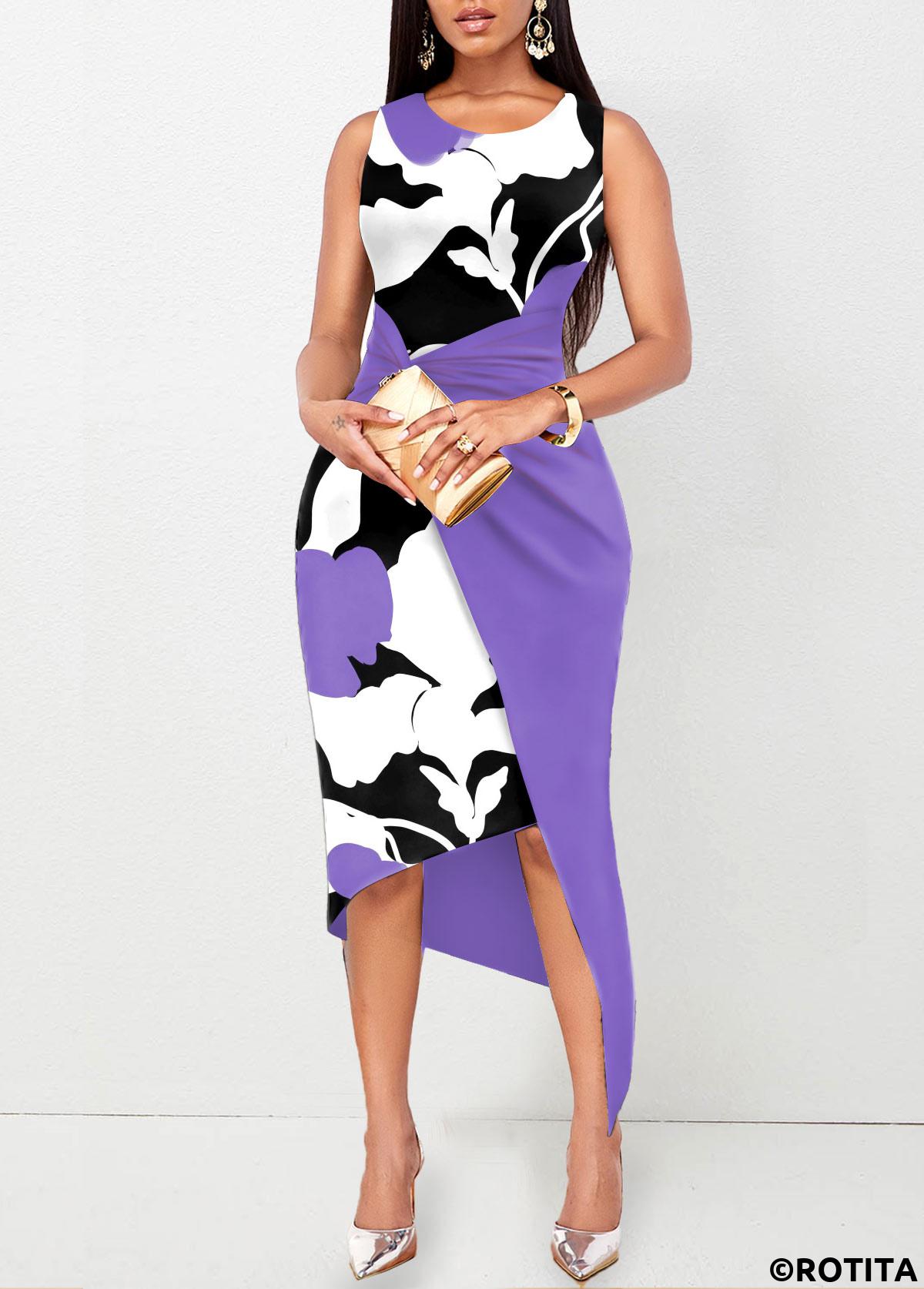 Purple dresses,White dresses,Floral dresses,Party dresses,Elegant dresses,ROTITA Twist Floral Print Purple Round Neck Bodycon Dress