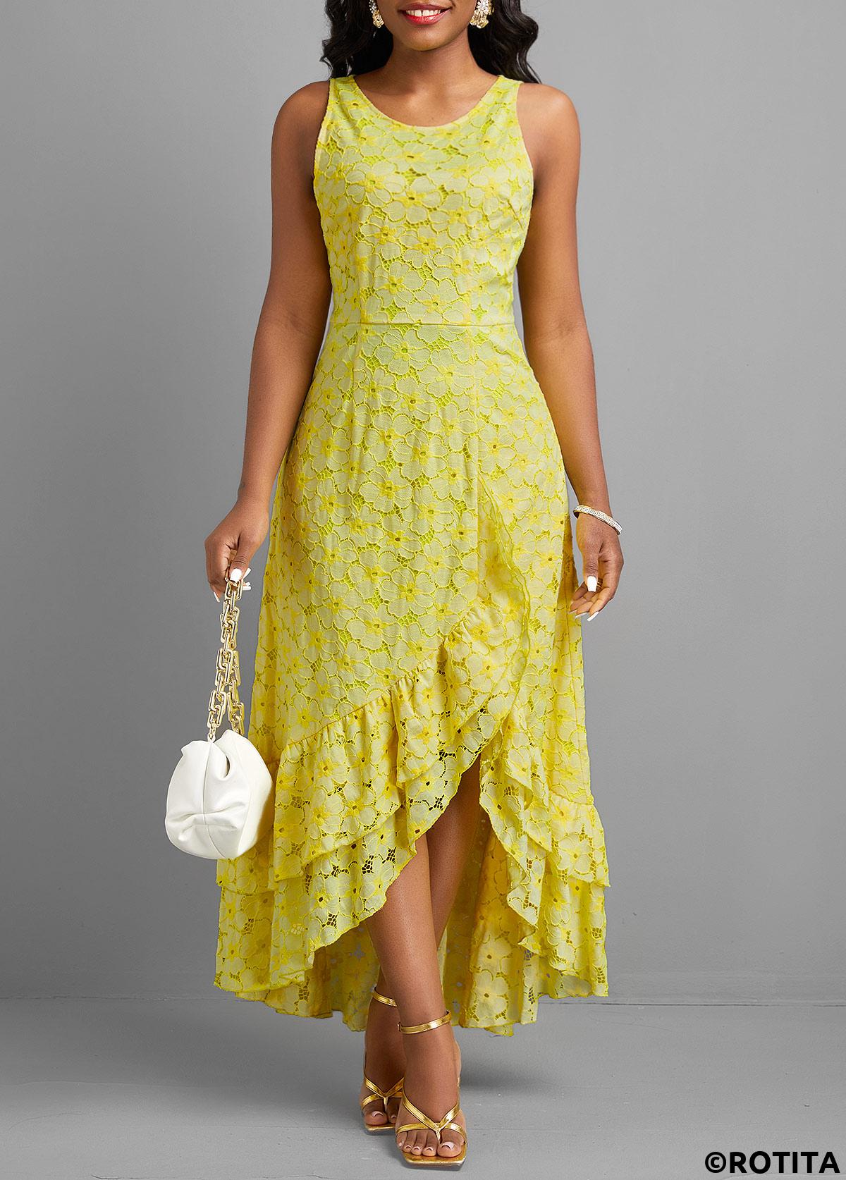 ROTITA Robe Maxi A Line Jaune Clair à Volants