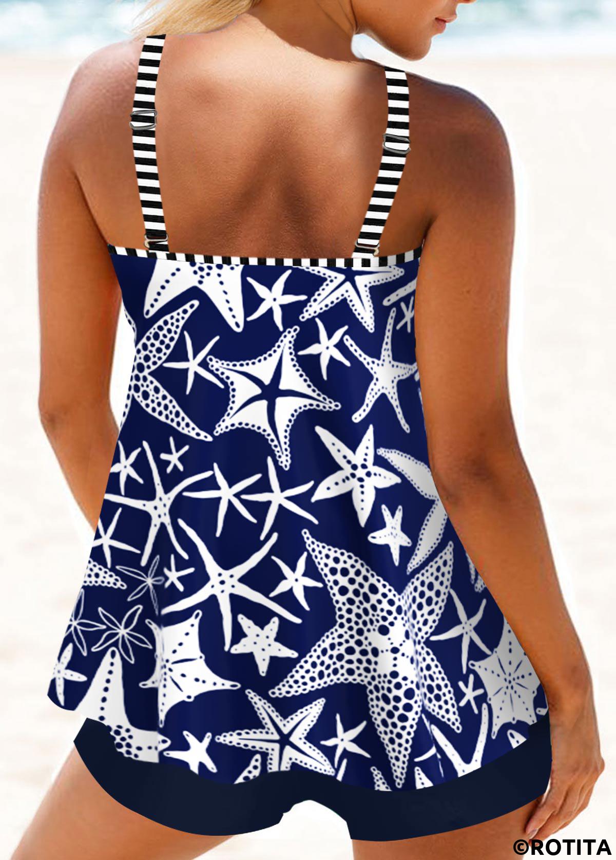 Navy swimwear,Animal Print swimwear,Striped swimwear,ROTITA Circular Ring Navy Animal Print Tankini Top