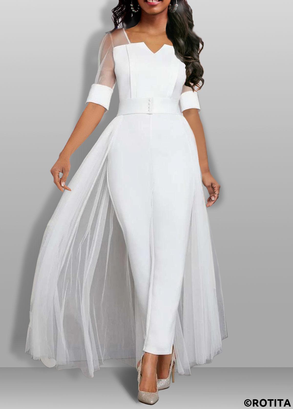 White jumpsuits&rompers,Plain Color jumpsuits&rompers,ROTITA Lightweight White Ankle Length Regular Split Neck Jumpsuit