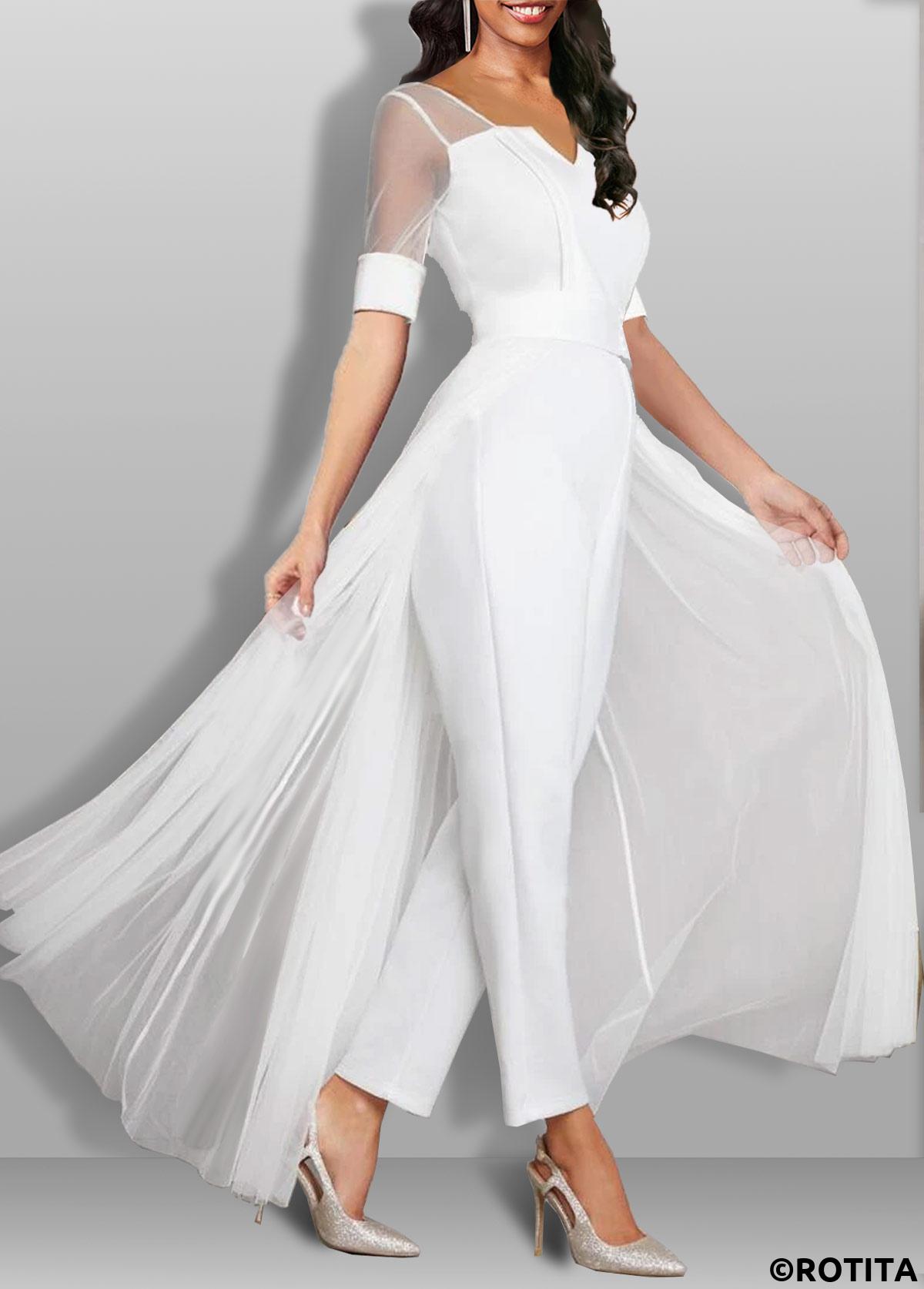 White jumpsuits&rompers,Plain Color jumpsuits&rompers,ROTITA Lightweight White Ankle Length Regular Split Neck Jumpsuit