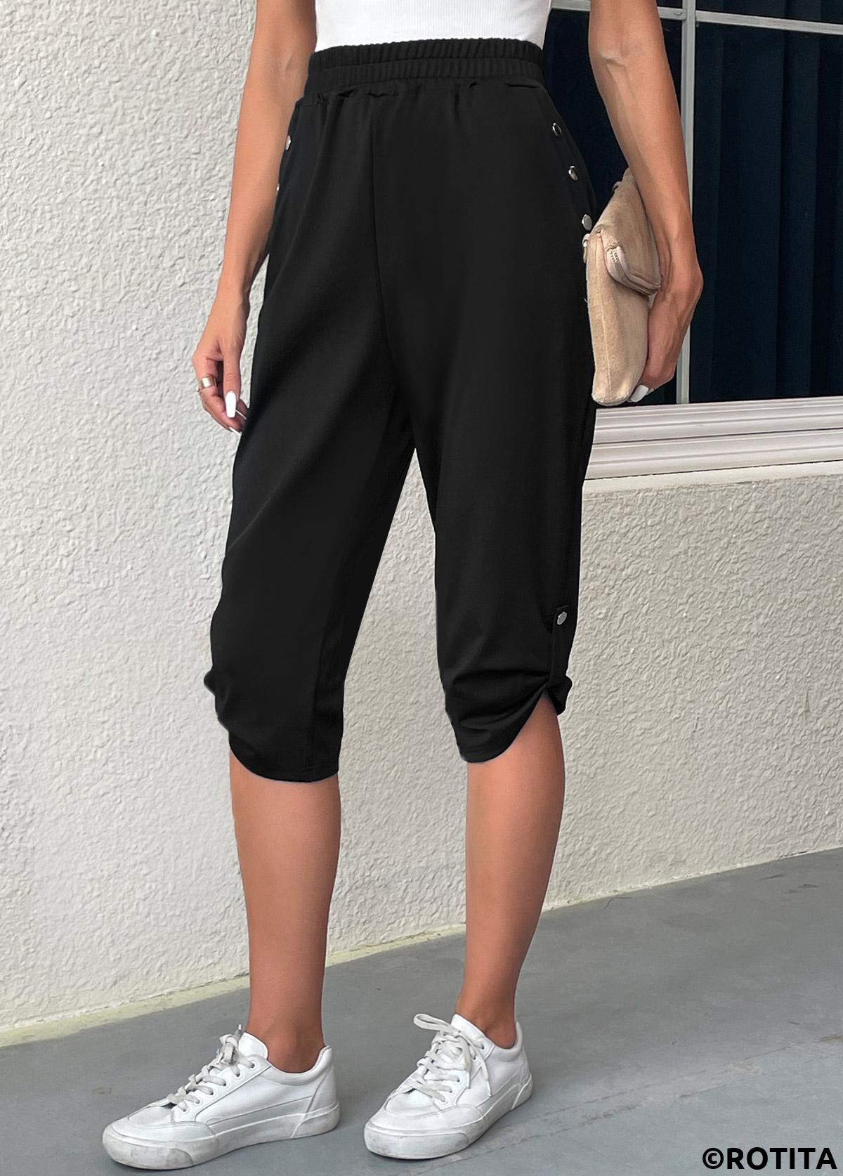 Black bottoms,Plain Color bottoms,Pocket Black Jogger Elastic Waist High Waisted Pants
