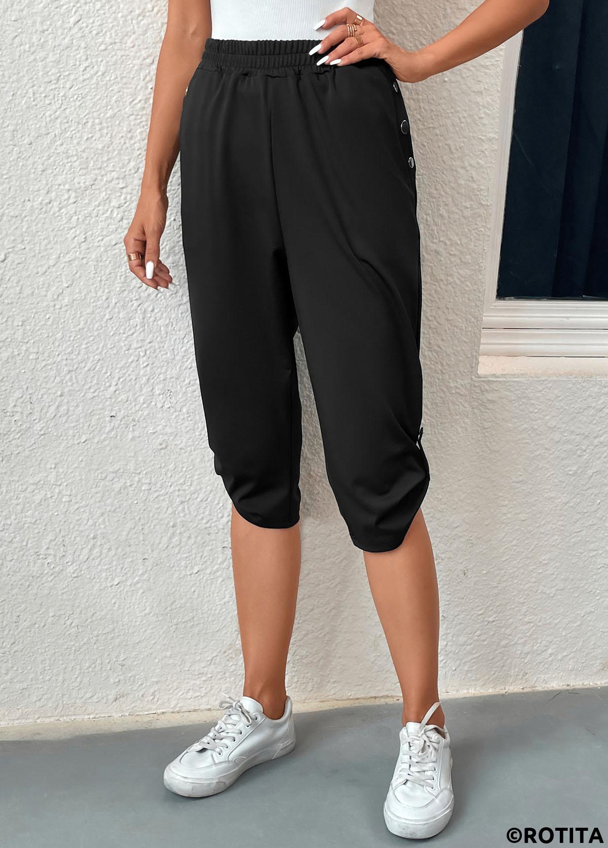 Black bottoms,Plain Color bottoms,Pocket Black Jogger Elastic Waist High Waisted Pants
