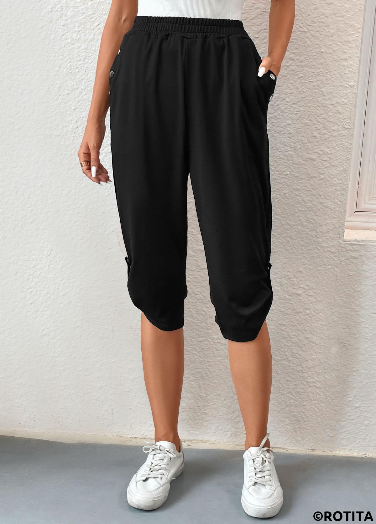 Black bottoms,Plain Color bottoms,Pocket Black Jogger Elastic Waist High Waisted Pants