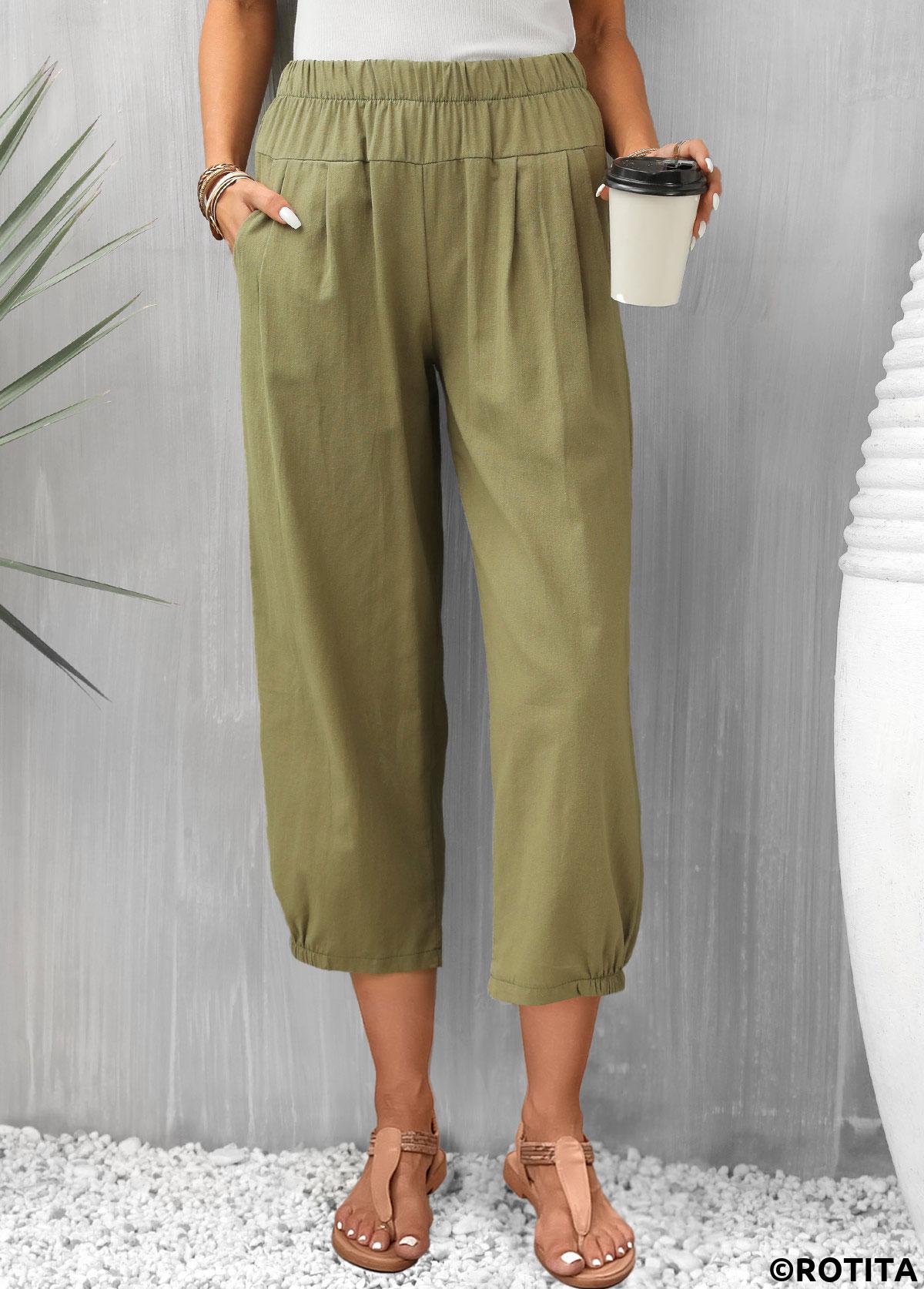 Olive Green bottoms,Plain Color bottoms,Pocket Olive Green Regular Elastic Waist Pants