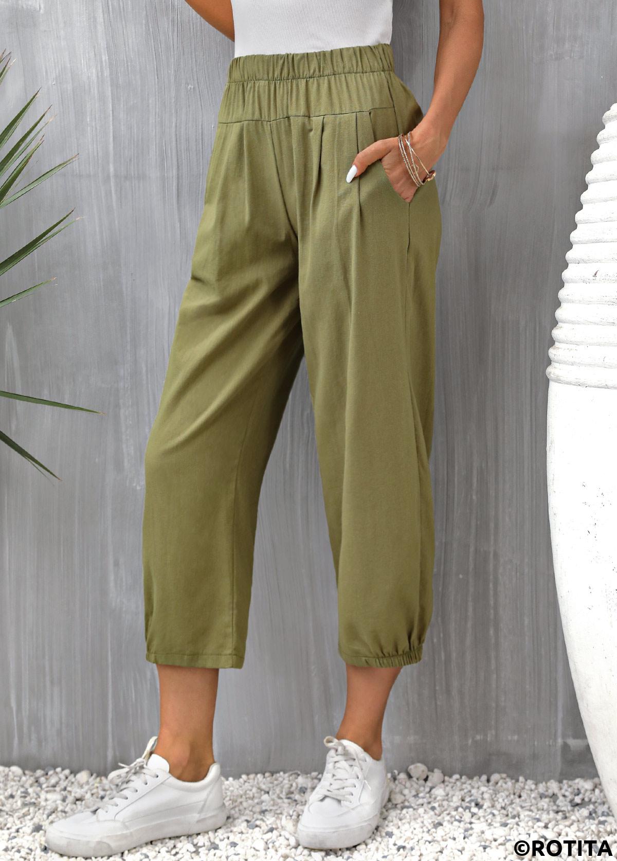 Olive Green bottoms,Plain Color bottoms,Pocket Olive Green Regular Elastic Waist Pants