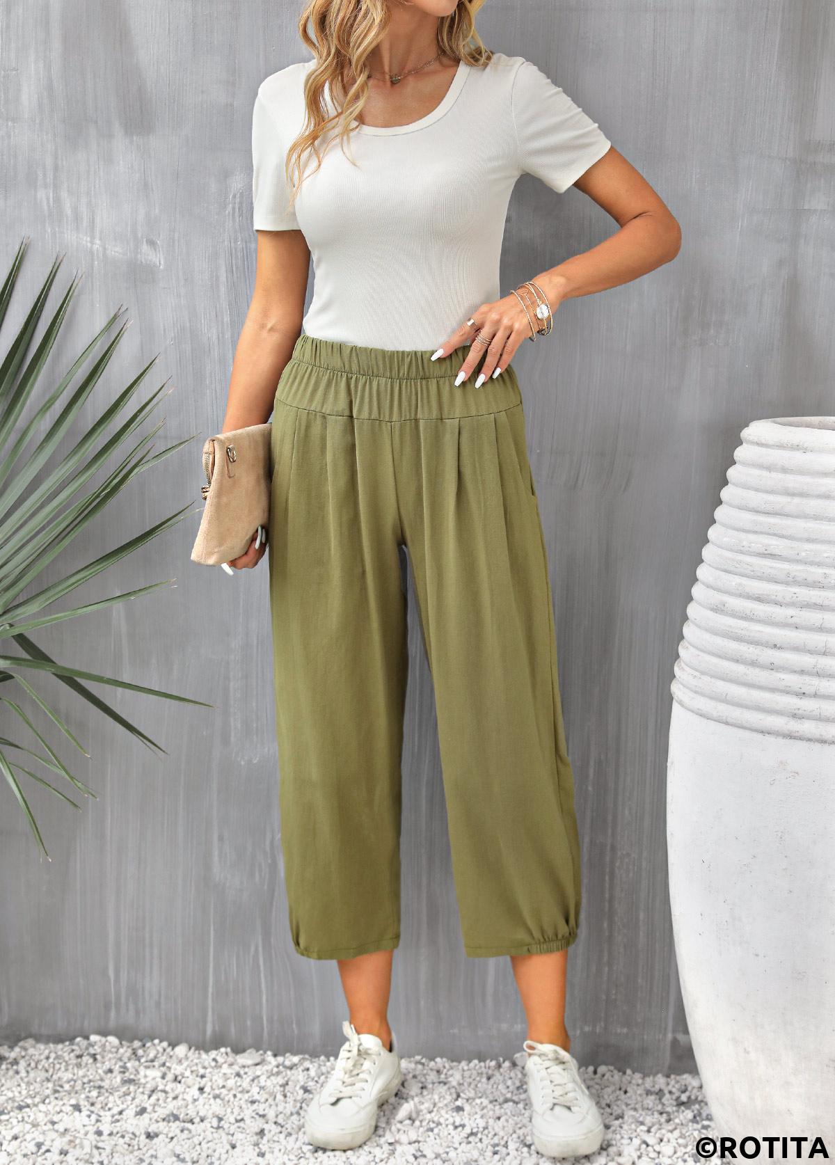 Olive Green bottoms,Plain Color bottoms,Pocket Olive Green Regular Elastic Waist Pants