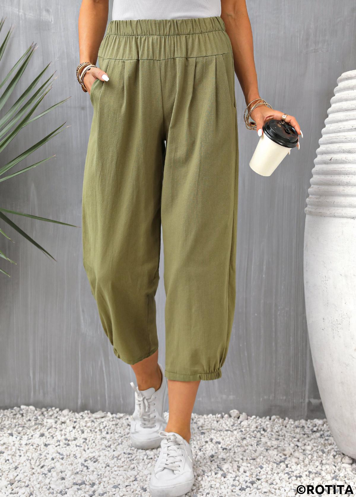 Olive Green bottoms,Plain Color bottoms,Pocket Olive Green Regular Elastic Waist Pants