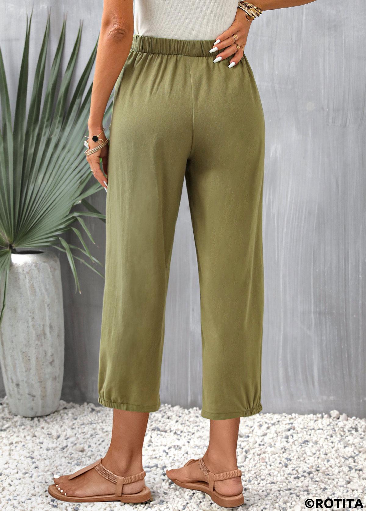 Olive Green bottoms,Plain Color bottoms,Pocket Olive Green Regular Elastic Waist Pants