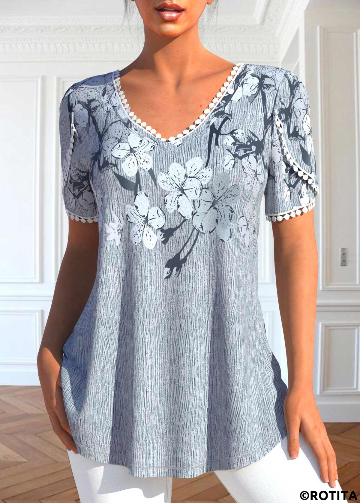 Graues Rotita-Patchwork-T-Shirt mit Blumendruck und V-Ausschnitt