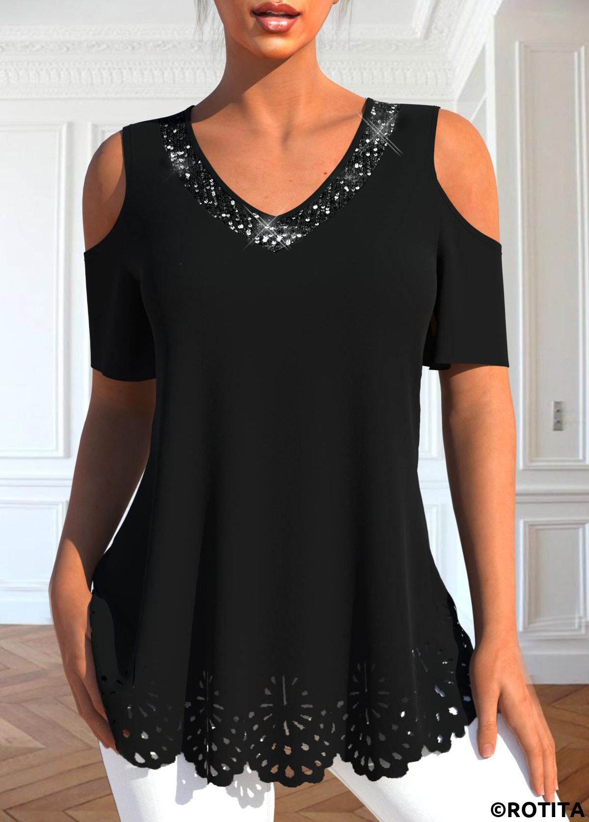 Black tops,Plain Color tops,ROTITA Burn Out Printing Black V Neck T Shirt