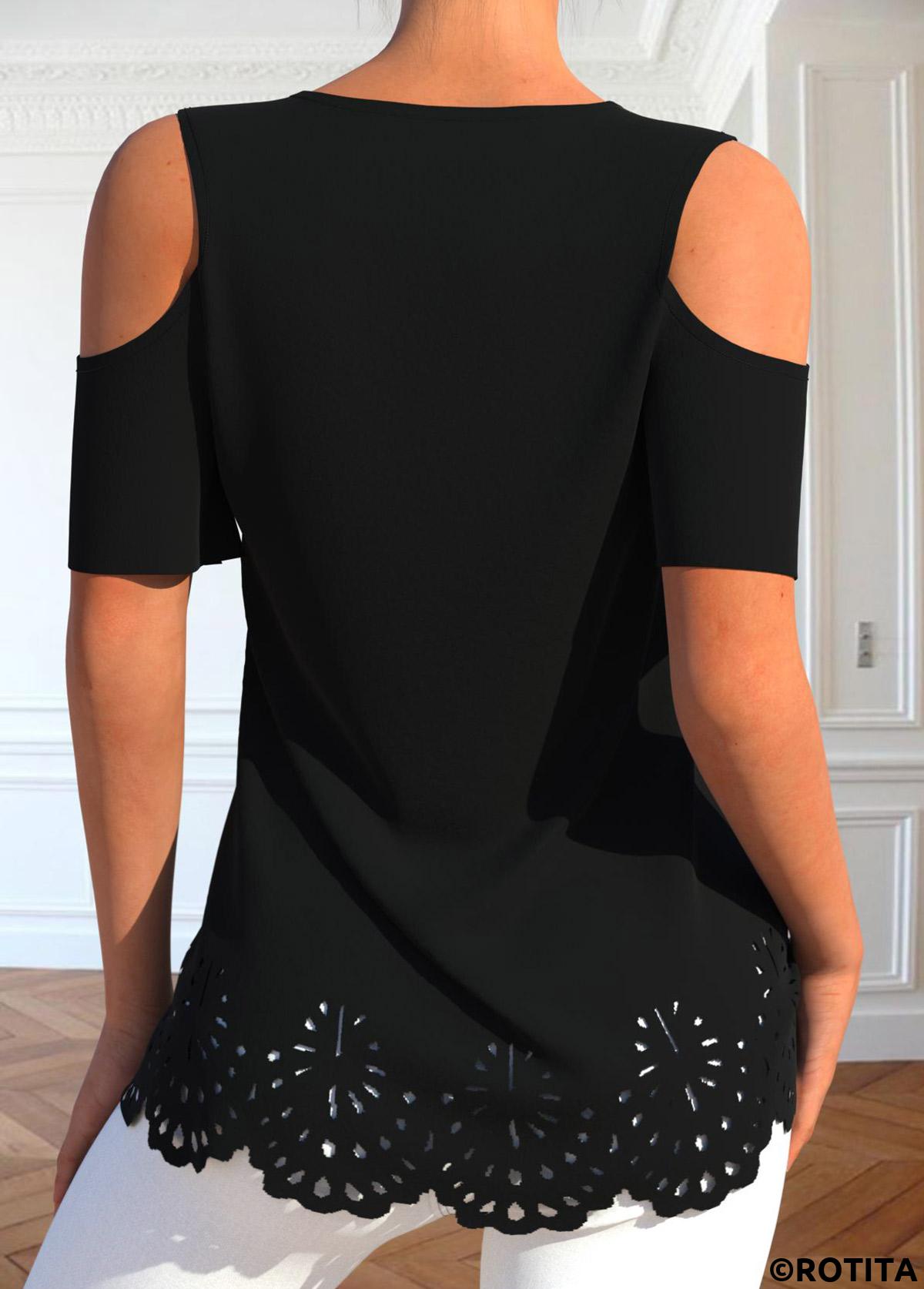 Black tops,Plain Color tops,ROTITA Burn Out Printing Black V Neck T Shirt