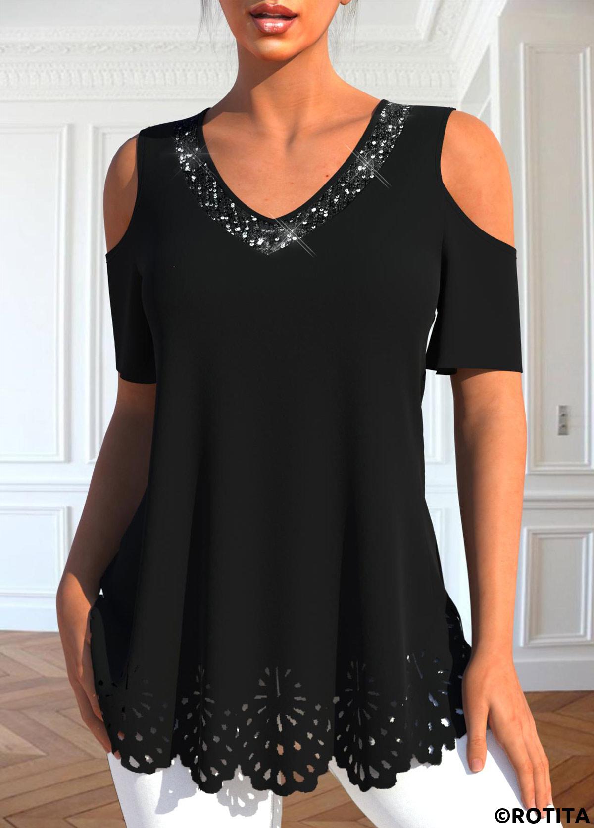 Black tops,Plain Color tops,ROTITA Burn Out Printing Black V Neck T Shirt