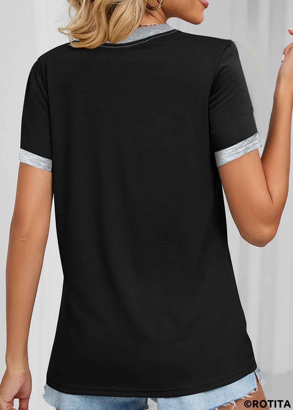 ROTITA Pocket Black Split Neck Short Sleeve T Shirt