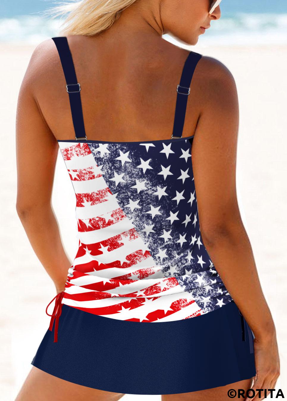 Navy swimwear,White swimwear,Flag swimwear,Striped swimwear,ROTITA Circular Ring Navy Flag Print Tankini Set