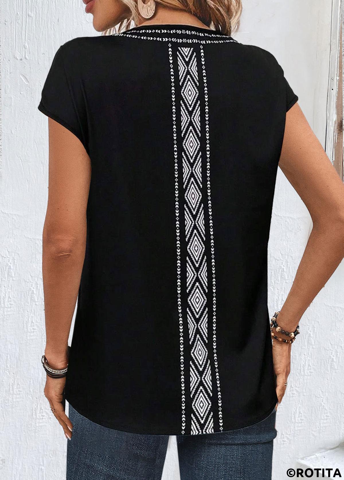 Rotita Patchwork-T-Shirt mit Blumendruck in Schwarz mit V-Ausschnitt