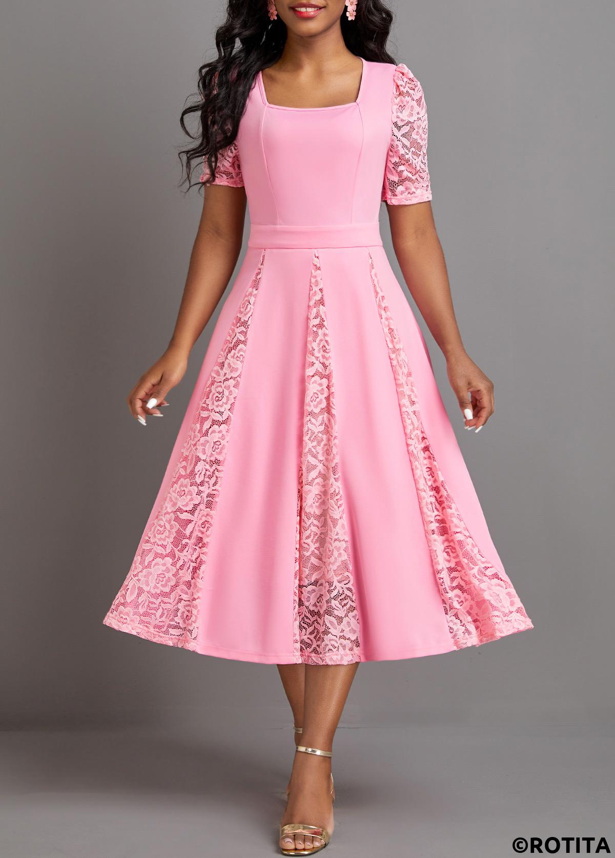 Pink dresses,Plain Color dresses,Party dresses,Elegant dresses,ROTITA Patchwork Pink Square Neck Half Sleeve Dress