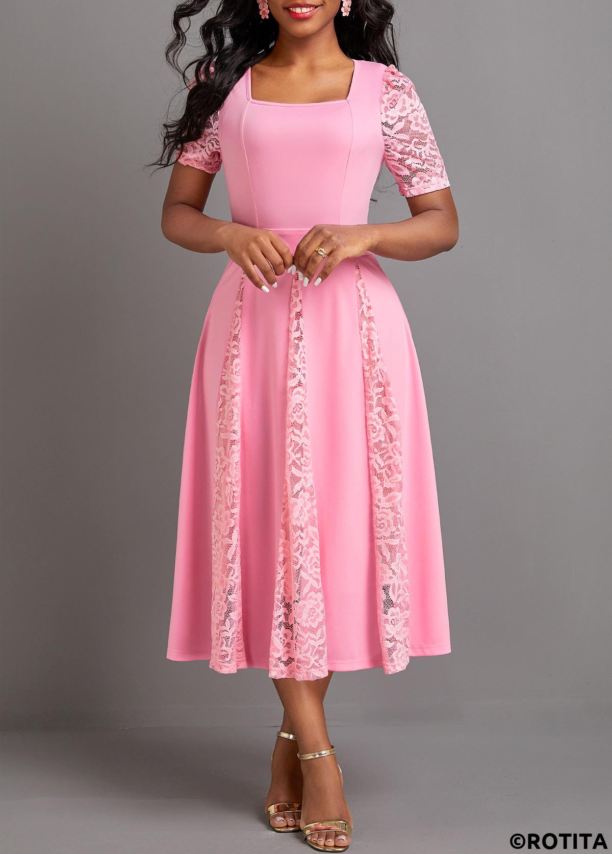 Pink dresses,Plain Color dresses,Party dresses,Elegant dresses,ROTITA Patchwork Pink Square Neck Half Sleeve Dress