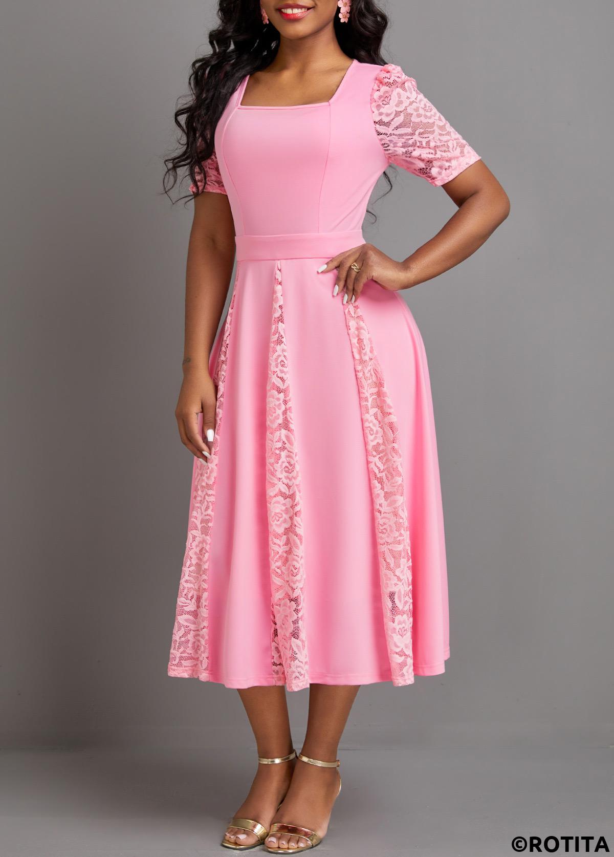 Pink dresses,Plain Color dresses,Party dresses,Elegant dresses,ROTITA Patchwork Pink Square Neck Half Sleeve Dress