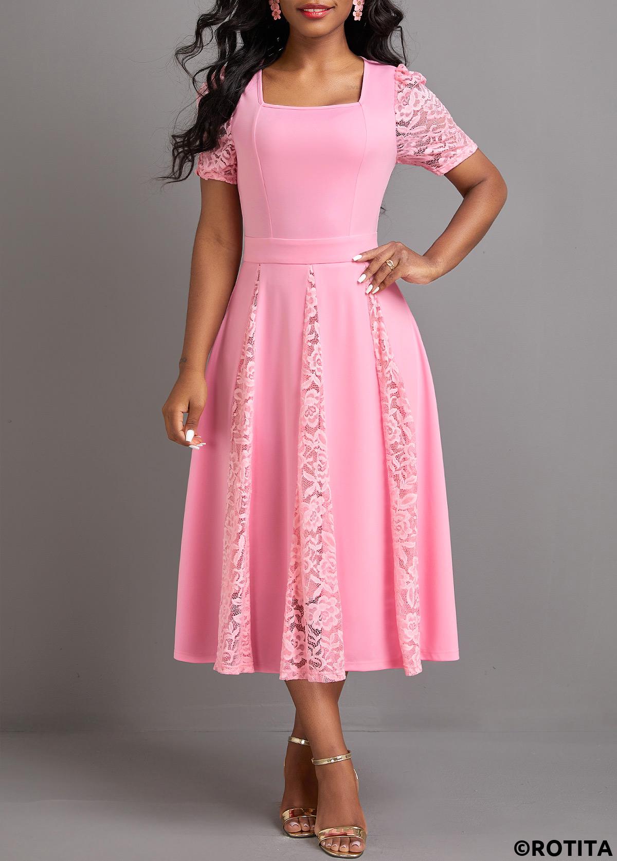Pink dresses,Plain Color dresses,Party dresses,Elegant dresses,ROTITA Patchwork Pink Square Neck Half Sleeve Dress