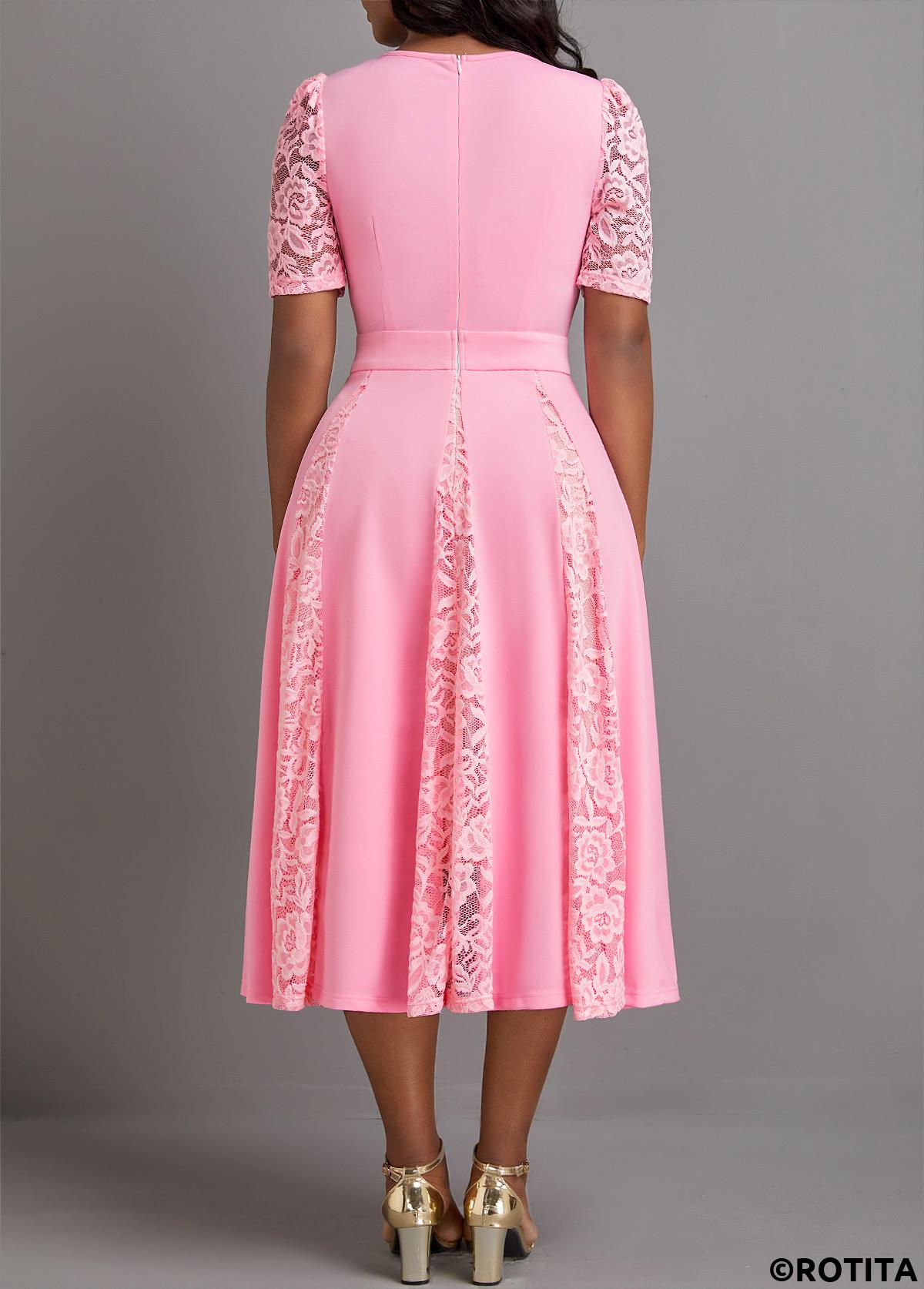 Pink dresses,Plain Color dresses,Party dresses,Elegant dresses,ROTITA Patchwork Pink Square Neck Half Sleeve Dress