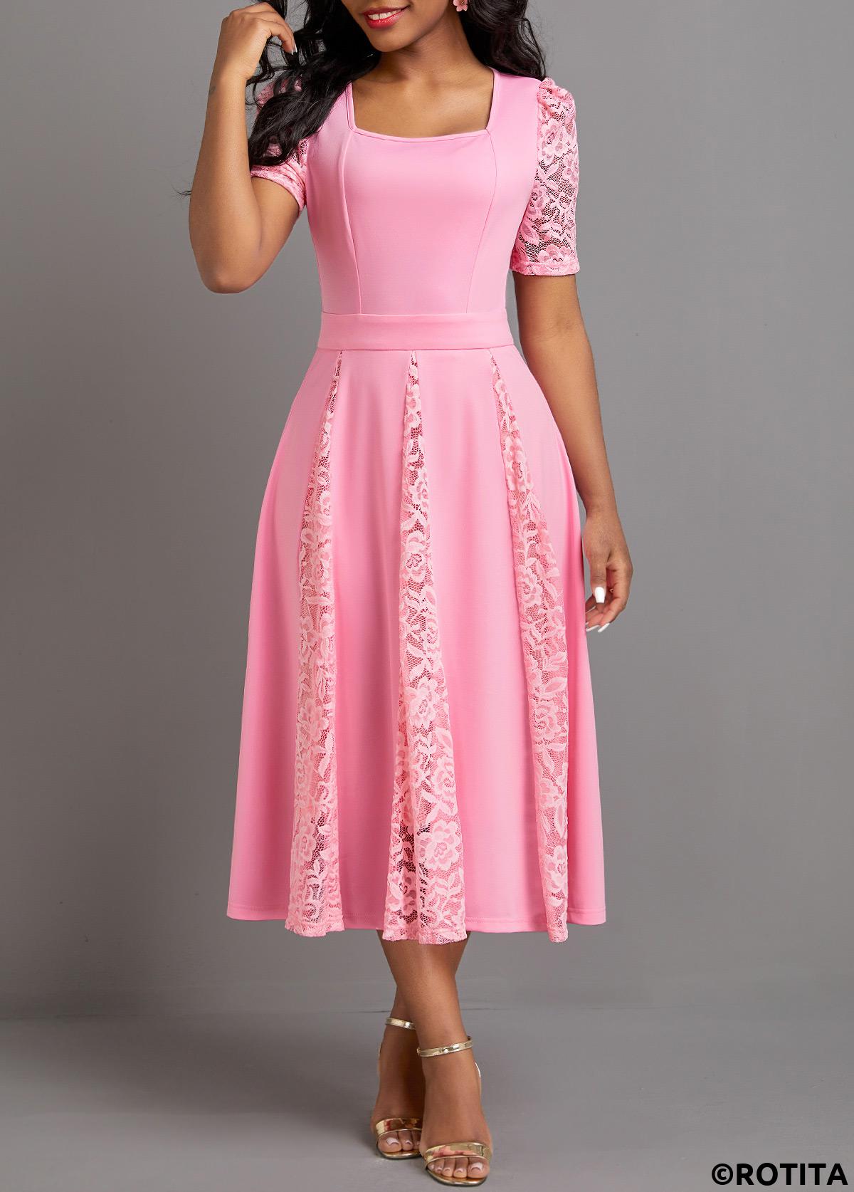 Pink dresses,Plain Color dresses,Party dresses,Elegant dresses,ROTITA Patchwork Pink Square Neck Half Sleeve Dress