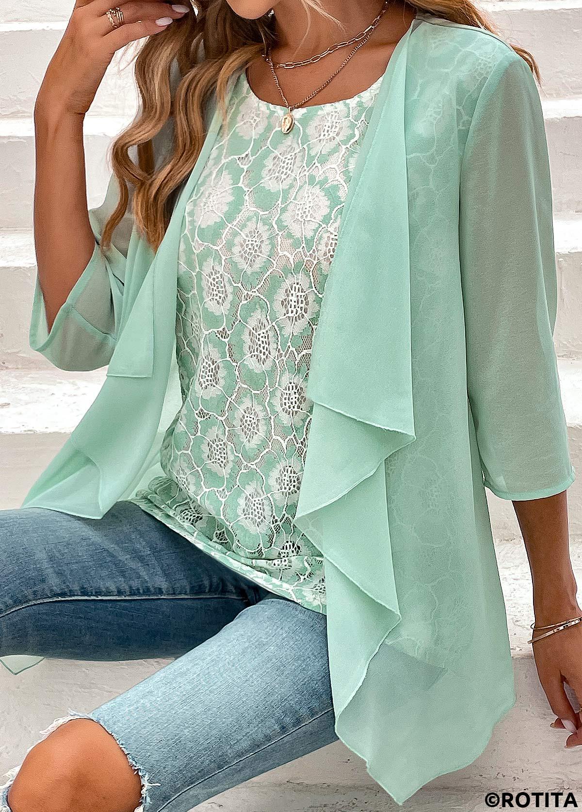 Mint Green tops,Plain Color tops,ROTITA Mint Green Round Neck Fake Two Piece Twinset