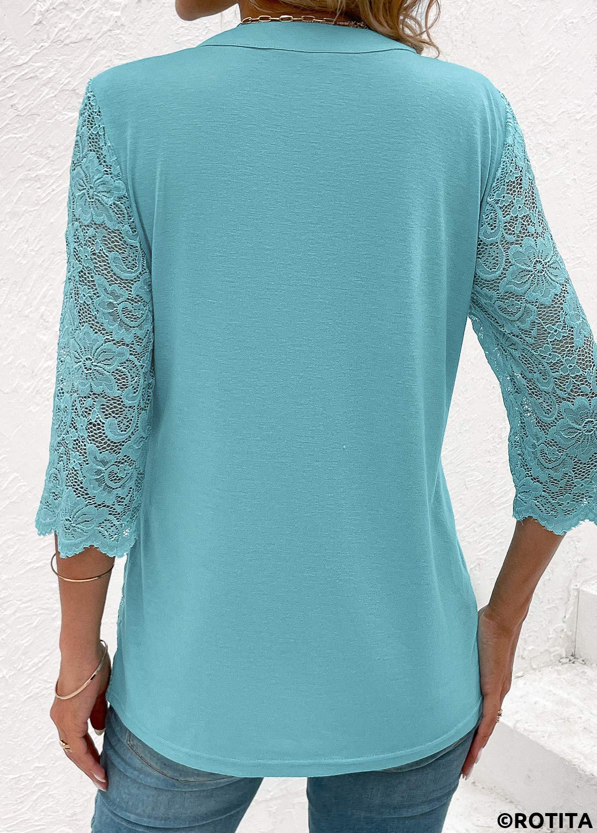 Light Blue tops,Plain Color tops,ROTITA Light Blue Square Neck Fake Two Piece Twinset