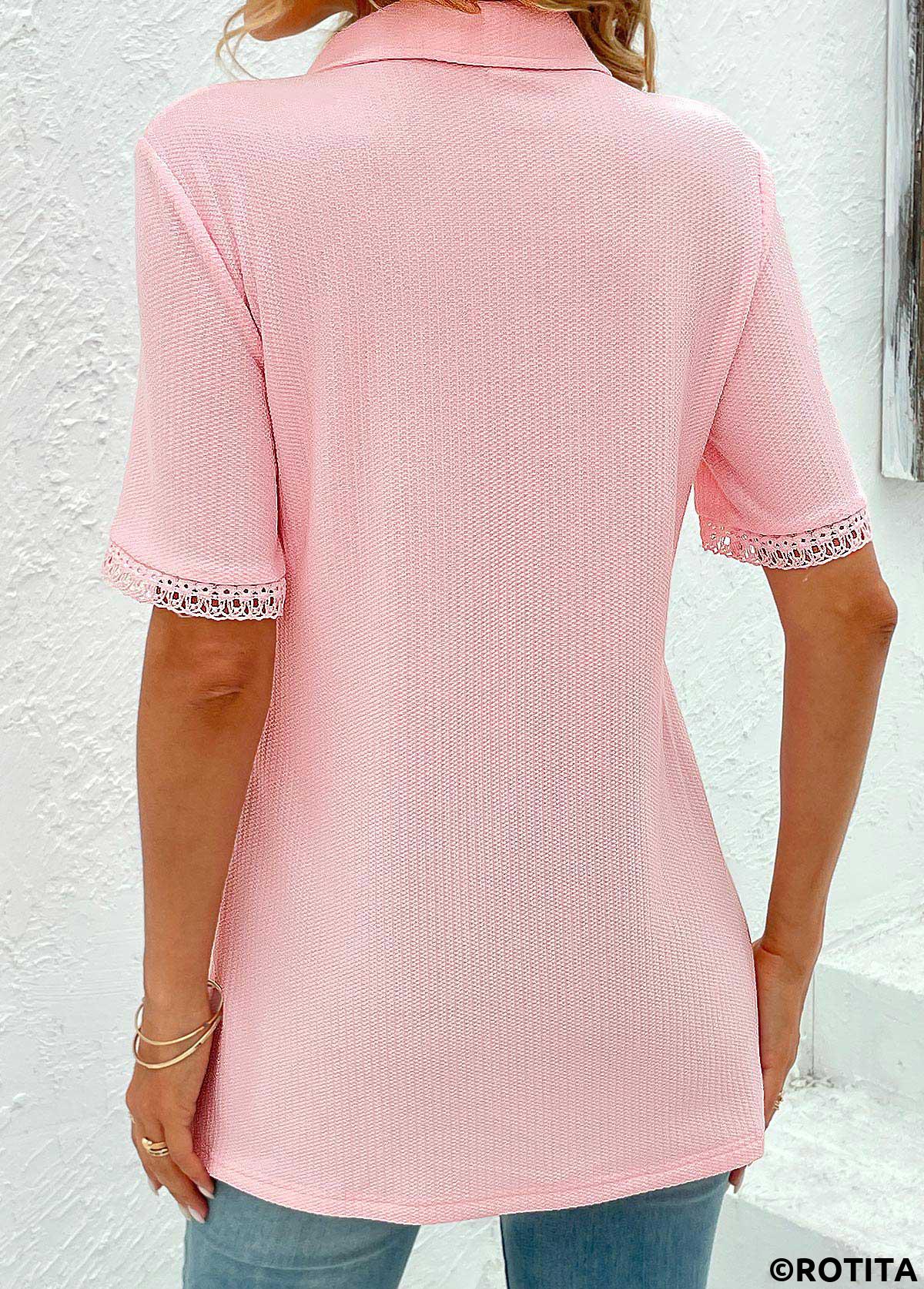 Pink tops,Plain Color tops,ROTITA Eyelet Pink Short Sleeve T Shirt