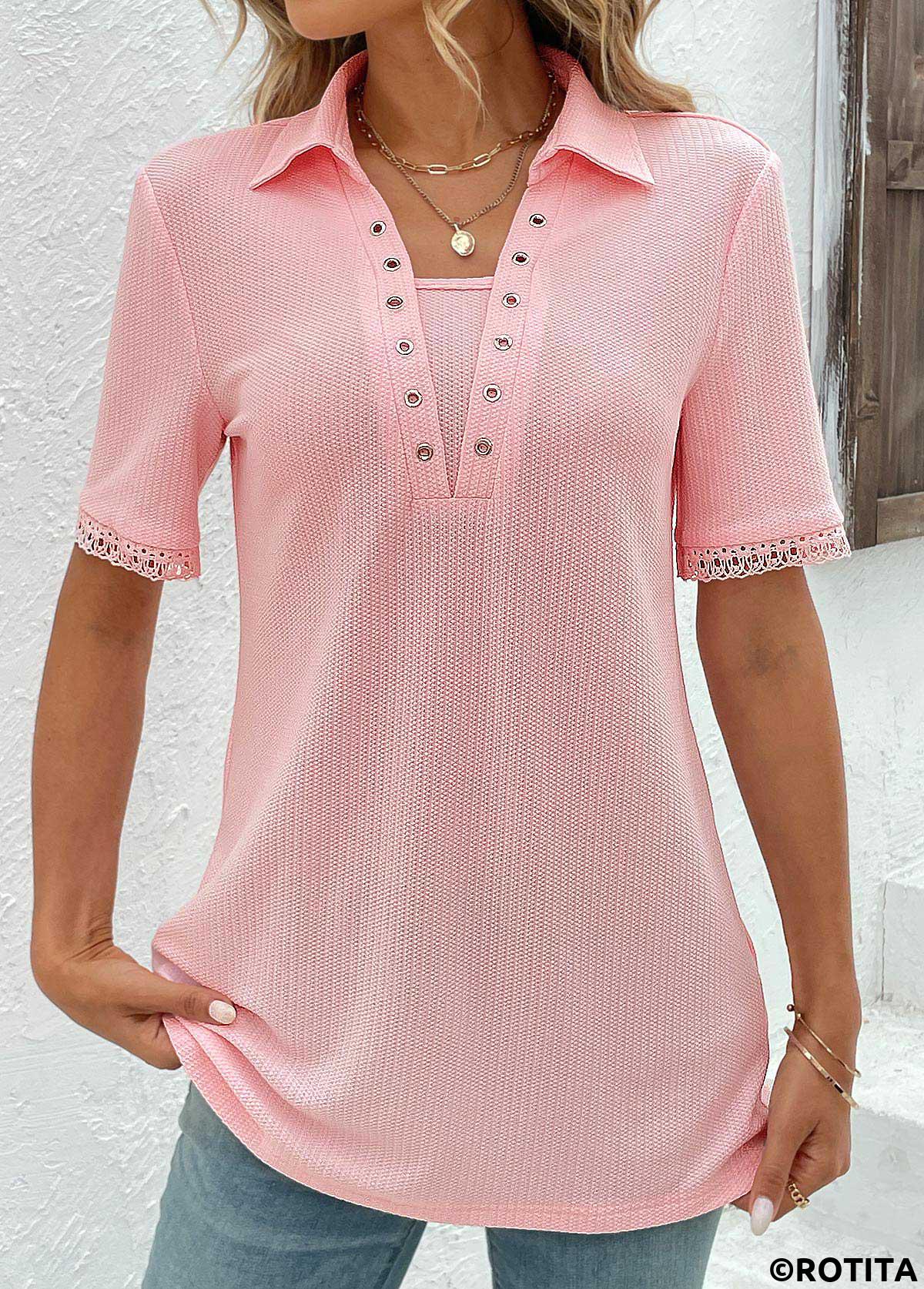 Pink tops,Plain Color tops,ROTITA Eyelet Pink Short Sleeve T Shirt